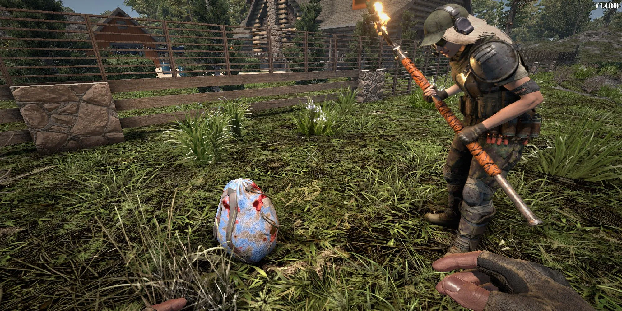Hình ảnh người chơi kỹ năng Thợ loot may mắn đang loot một chiếc túi đồ bị rơi trong 7 Days to Die
