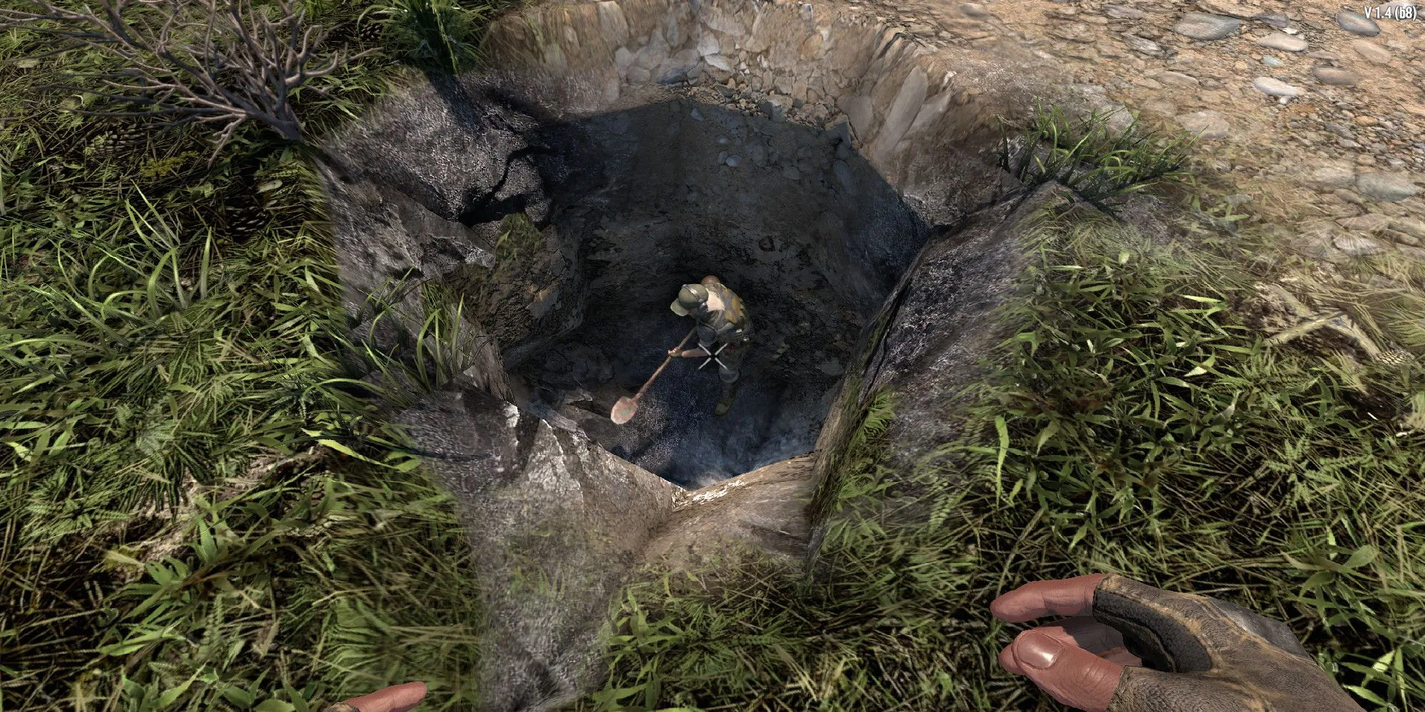Hình ảnh người chơi kỹ năng Thợ săn kho báu đang đào tìm kho báu trong 7 Days to Die
