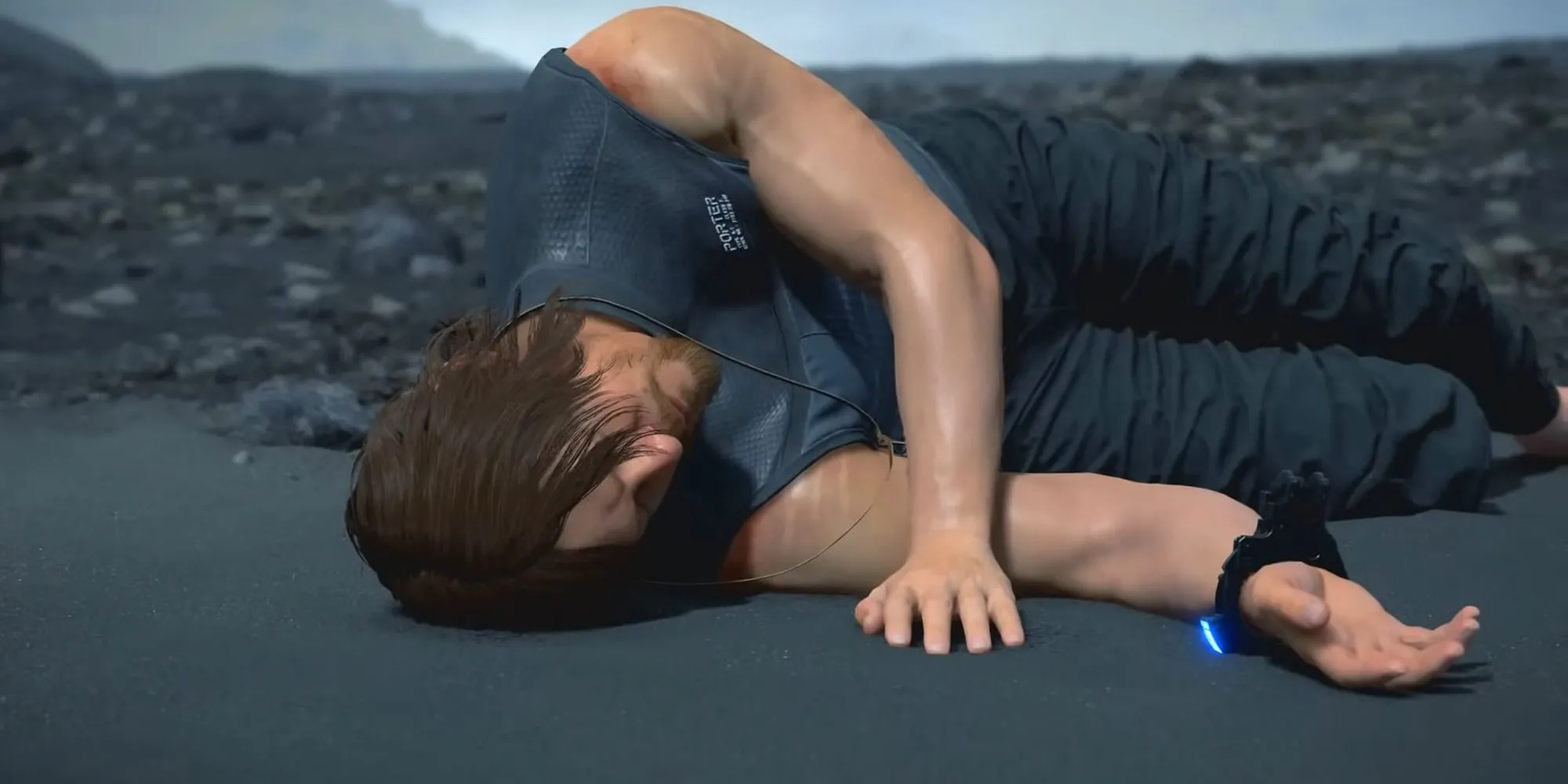 Hình ảnh nhân vật Sam Porter Bridges đang vận chuyển hàng hóa trong thế giới Death Stranding