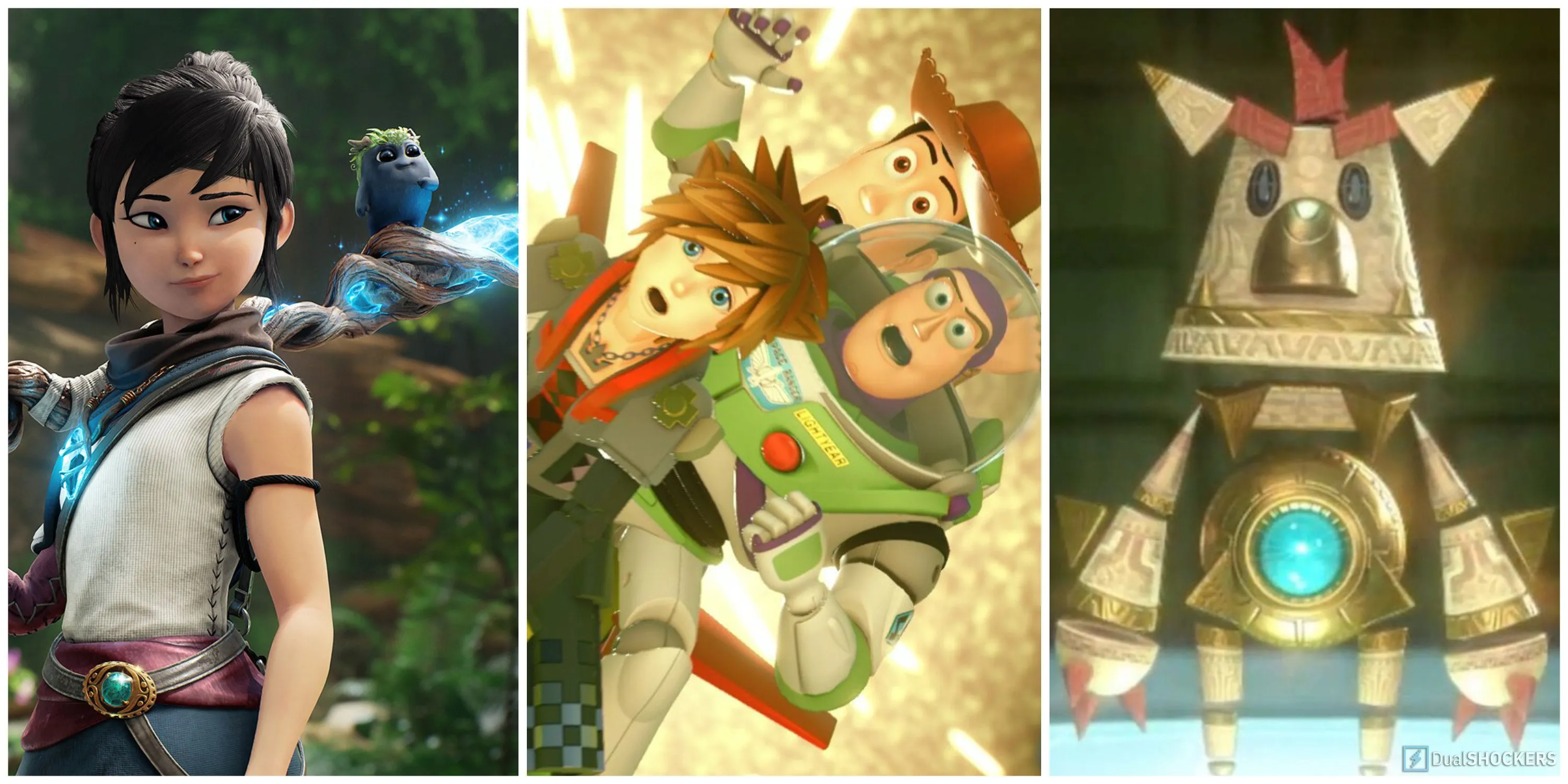 Hình ảnh nhân vật Sora, Woody và Buzz Lightyear từ Toy Story đứng cạnh nhau trong game Kingdom Hearts 3