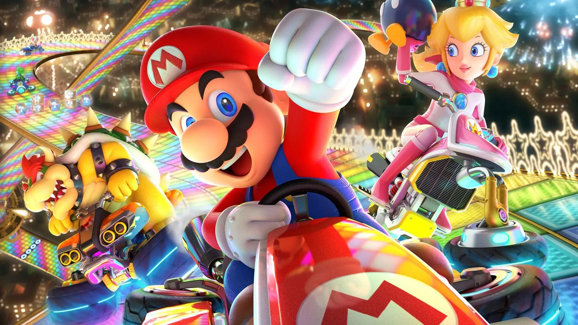 Hình ảnh quảng cáo game Mario Kart 8 Deluxe trên Nintendo Switch với Mario, Bowser và Peach