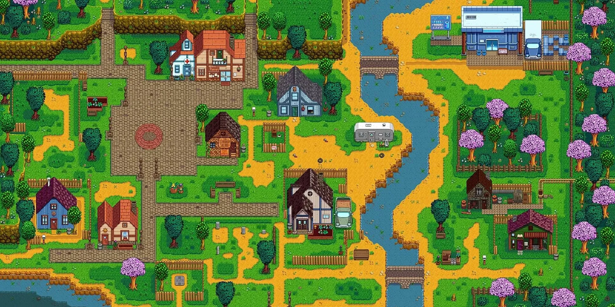 Hình ảnh thị trấn Pelican Town quen thuộc trong game Stardew Valley