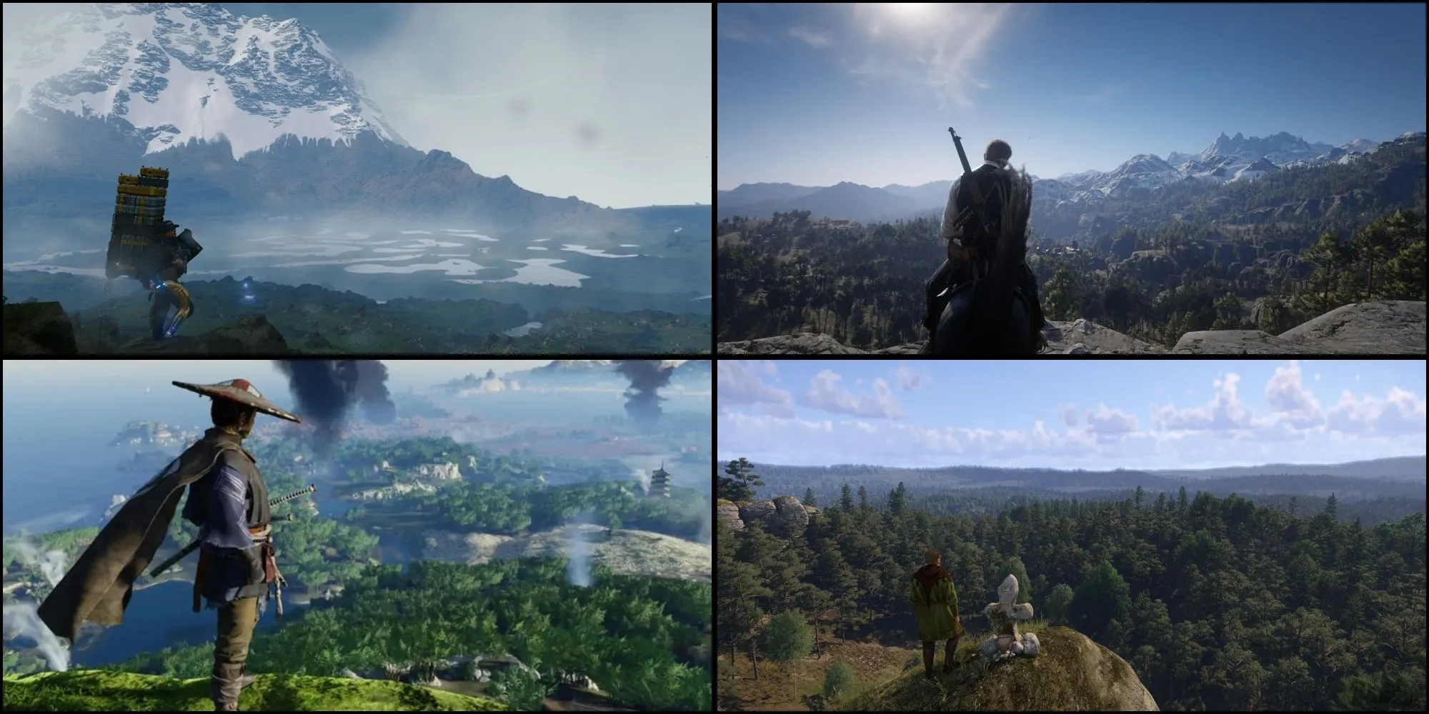 Hình ảnh tổng hợp từ các game thế giới mở chân thực như Death Stranding, Red Dead Redemption 2, Ghost of Tsushima, Kingdom Come Deliverance, minh họa đồ họa đẹp và môi trường nhập vai.