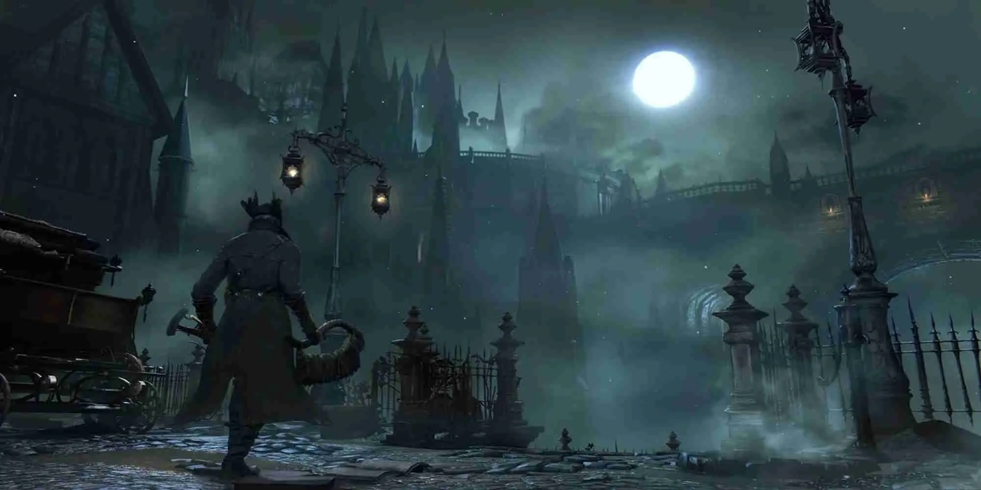 Hình ảnh từ game Bloodborne với bối cảnh gothic u ám, nhân vật chính cầm vũ khí chiến đấu.