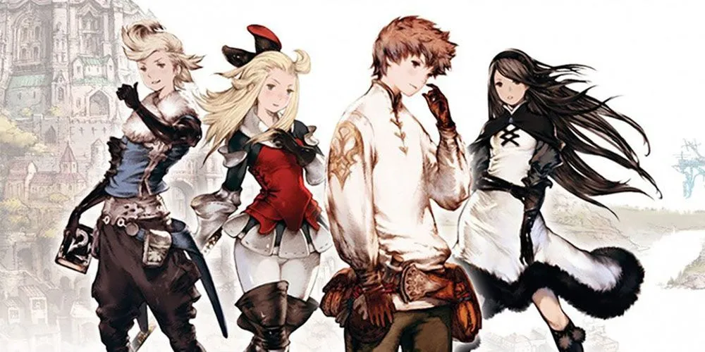 Hình minh họa các nhân vật chính trong game JRPG Bravely Default với phong cách nghệ thuật đặc trưng.