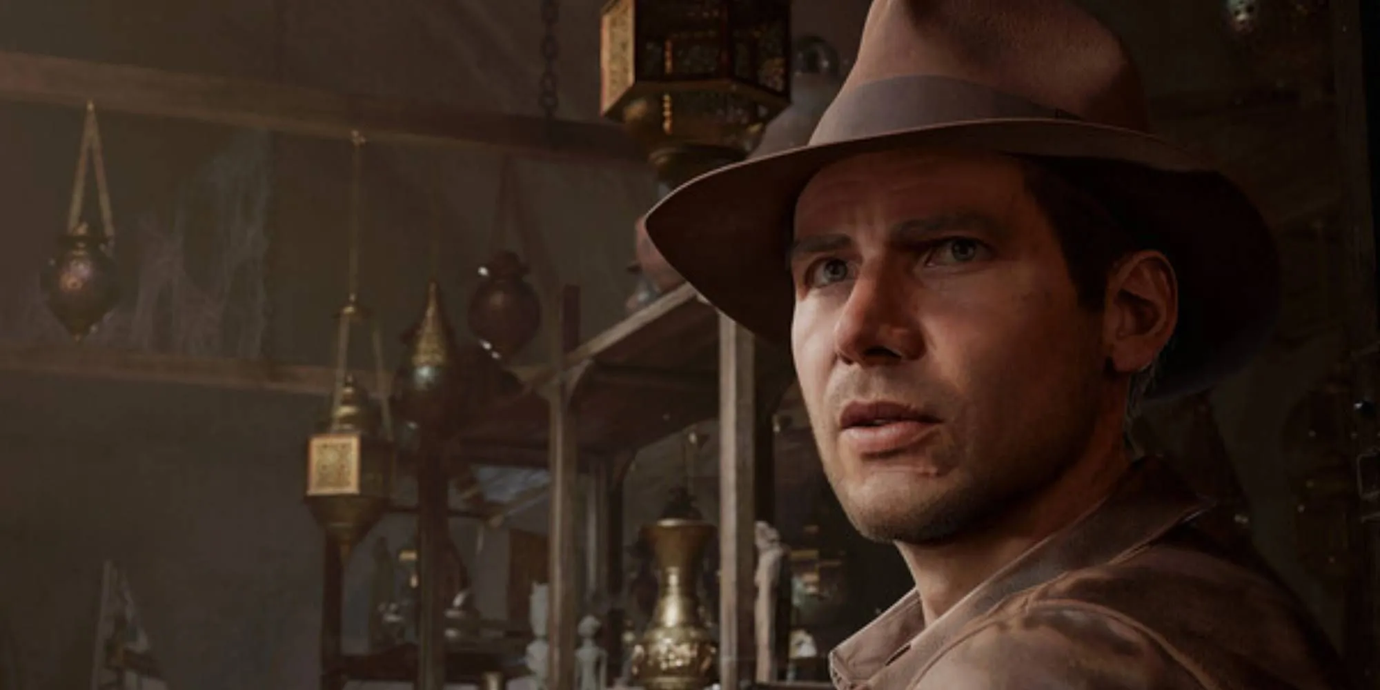 Indiana Jones dùng chiếc roi biểu tượng trong một cảnh game Indiana Jones and the Great Circle