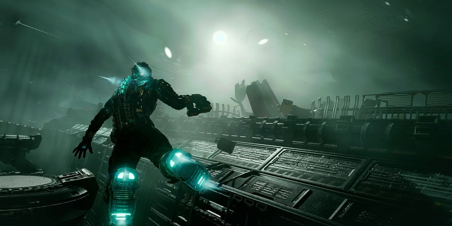 Isaac Clarke lơ lửng trong môi trường không trọng lực trên tàu Ishimura trong Dead Space 2023