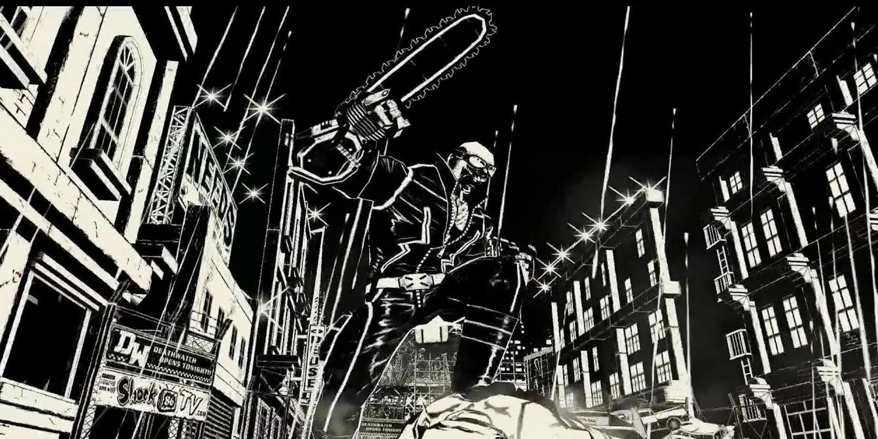Jack cầm cưa máy trong khung cảnh đen trắng đầy bạo lực của MadWorld trên Wii