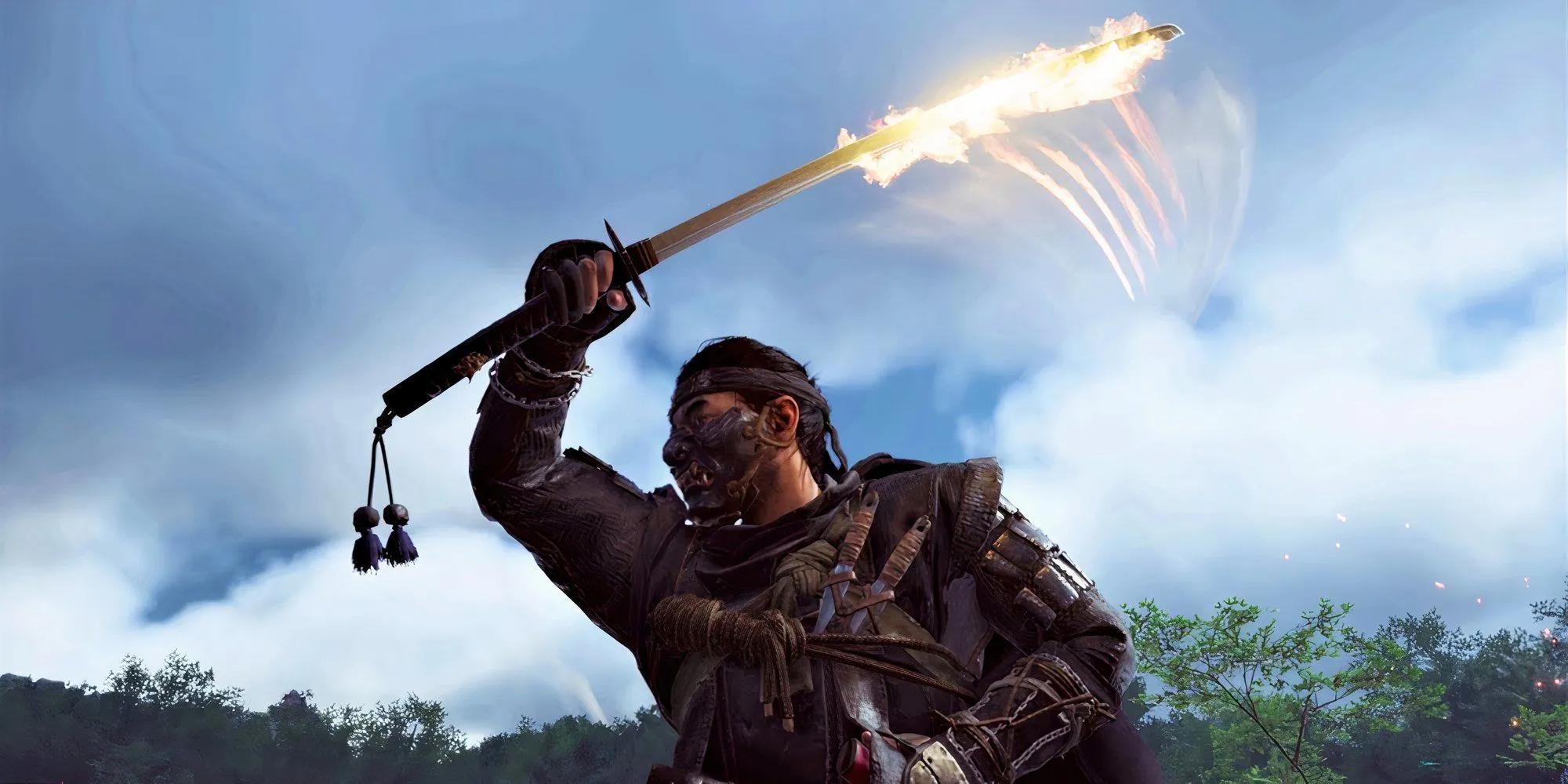 Jin Sakai trong Ghost of Tsushima đang thực hiện một đòn tấn công đẹp mắt, thể hiện hệ thống chiến đấu samurai điêu luyện