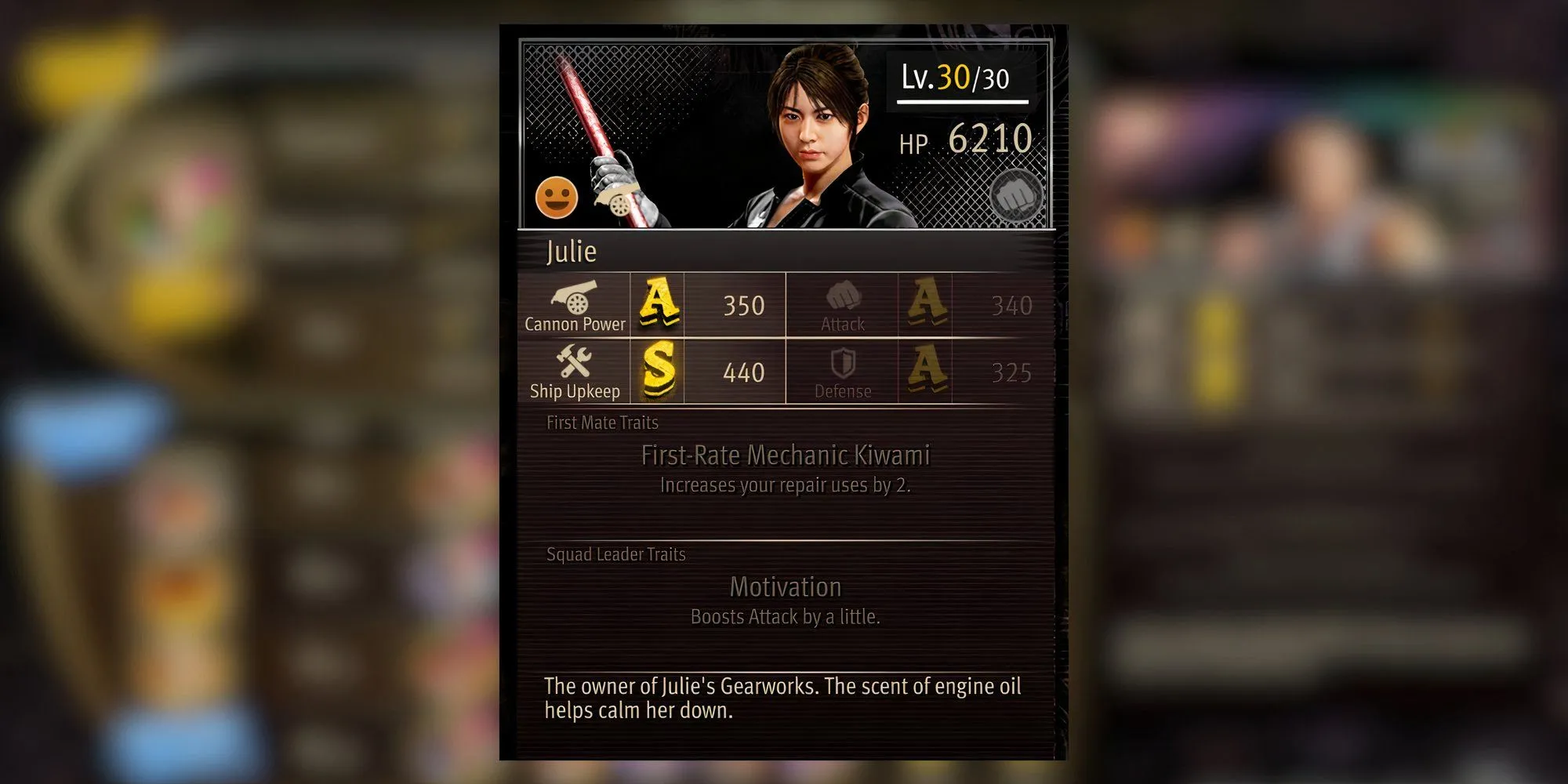Julie, nữ thợ máy tài ba của tàu Goromaru trong game Like a Dragon Pirate Yakuza