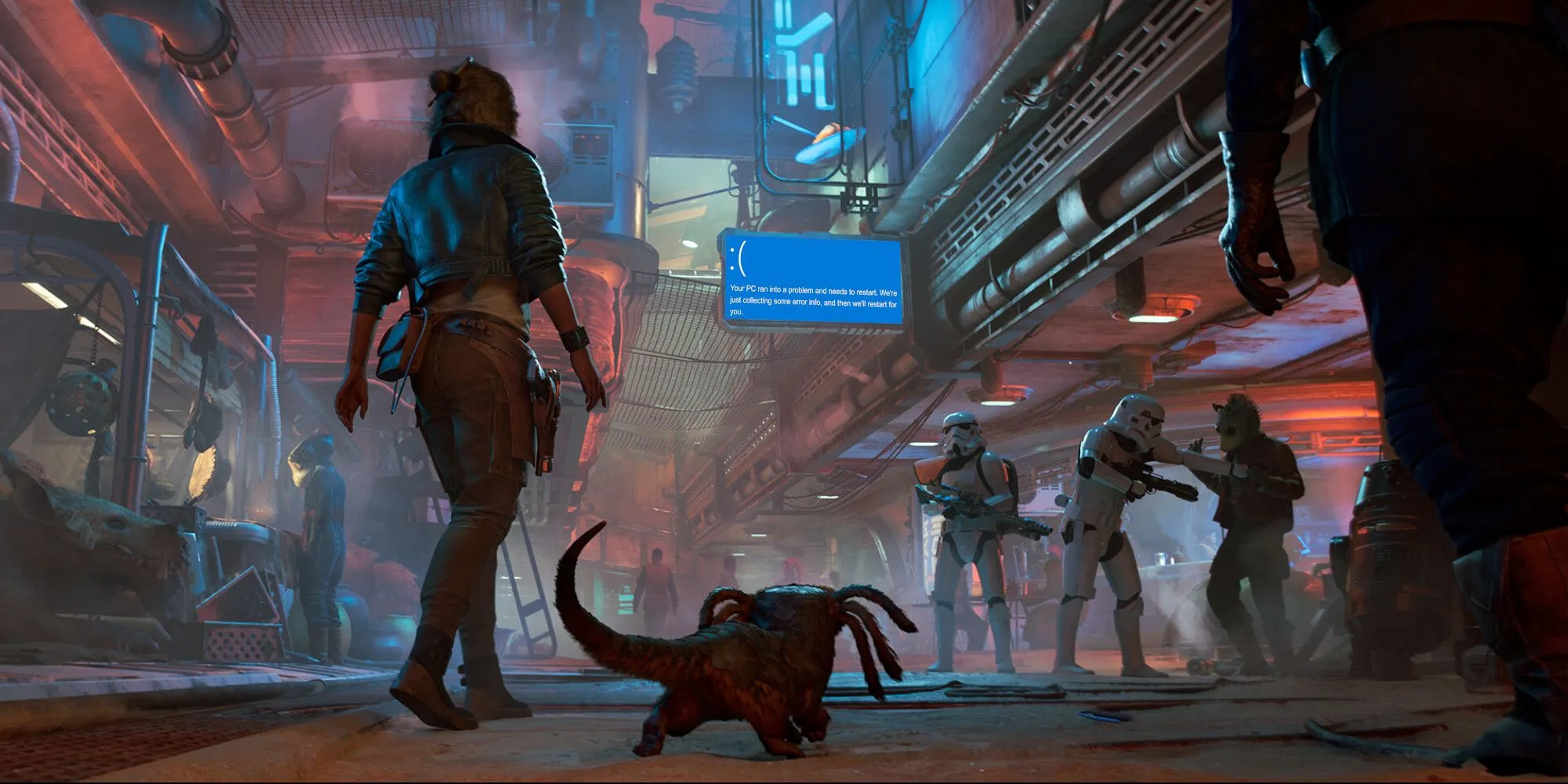 Kay Vess và Nix trong Star Wars Outlaws nhìn về phía một thành phố tương lai