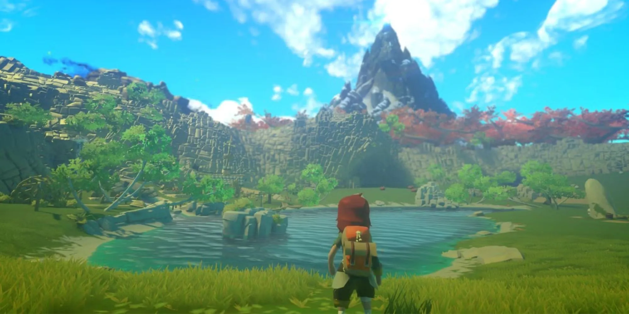 Khung cảnh hùng vĩ trong Yonder The Cloud Catcher Chronicles với đồng cỏ và núi xa