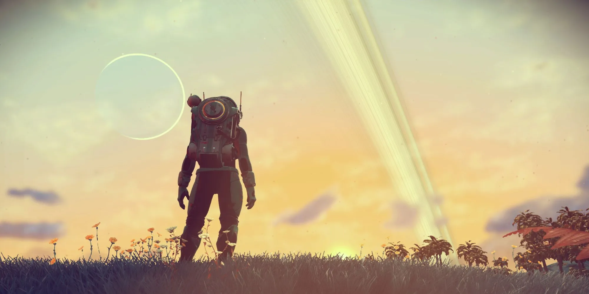 Khung cảnh vũ trụ bao la với hành tinh vàng rực trong No Man's Sky