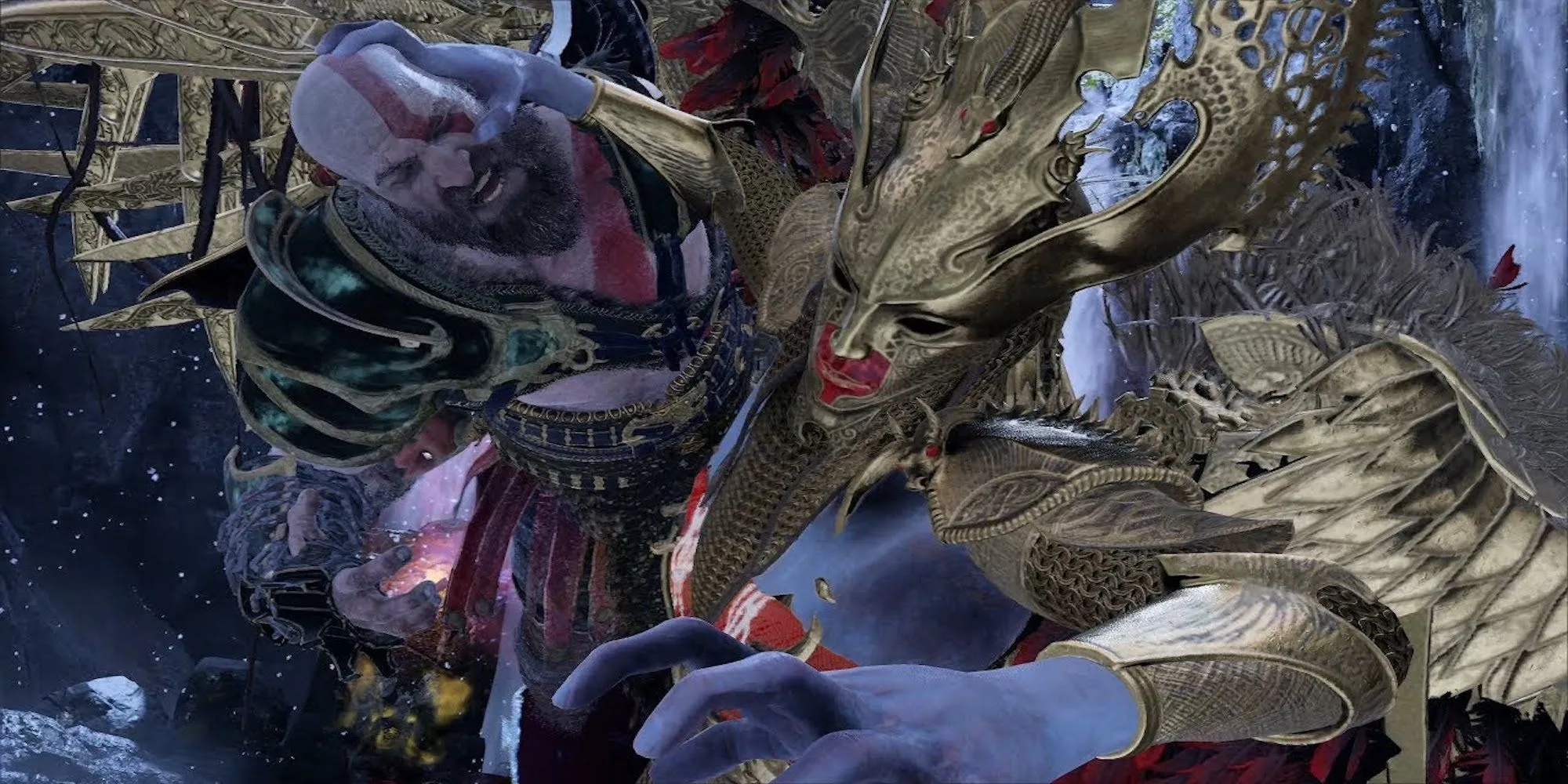 Kratos bị Sigrun giữ chặt trong God of War, một trong những trận đấu trùm Valkyrie lặp lại