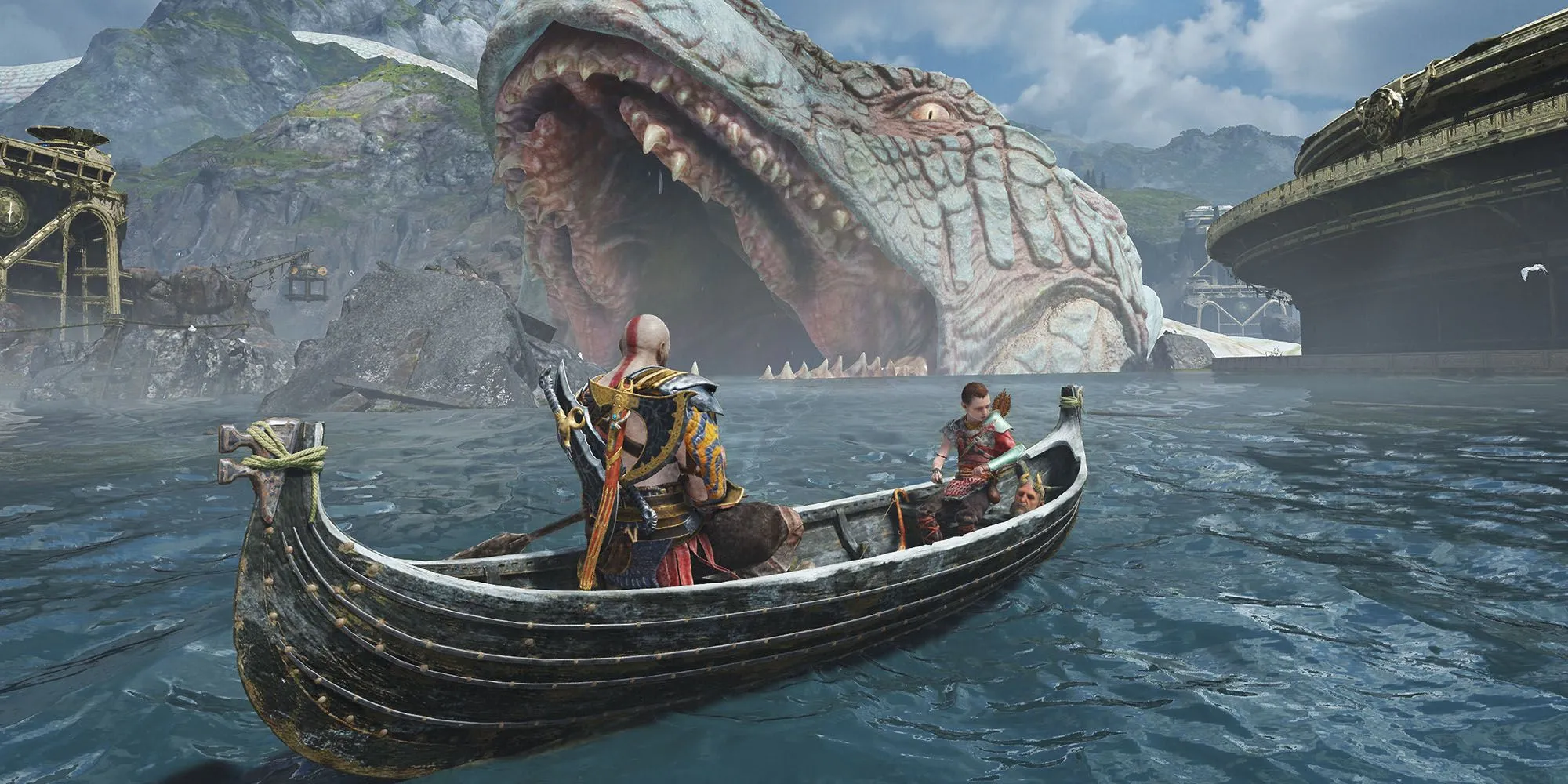 Kratos và Atreus trên thuyền trong God of War 2018