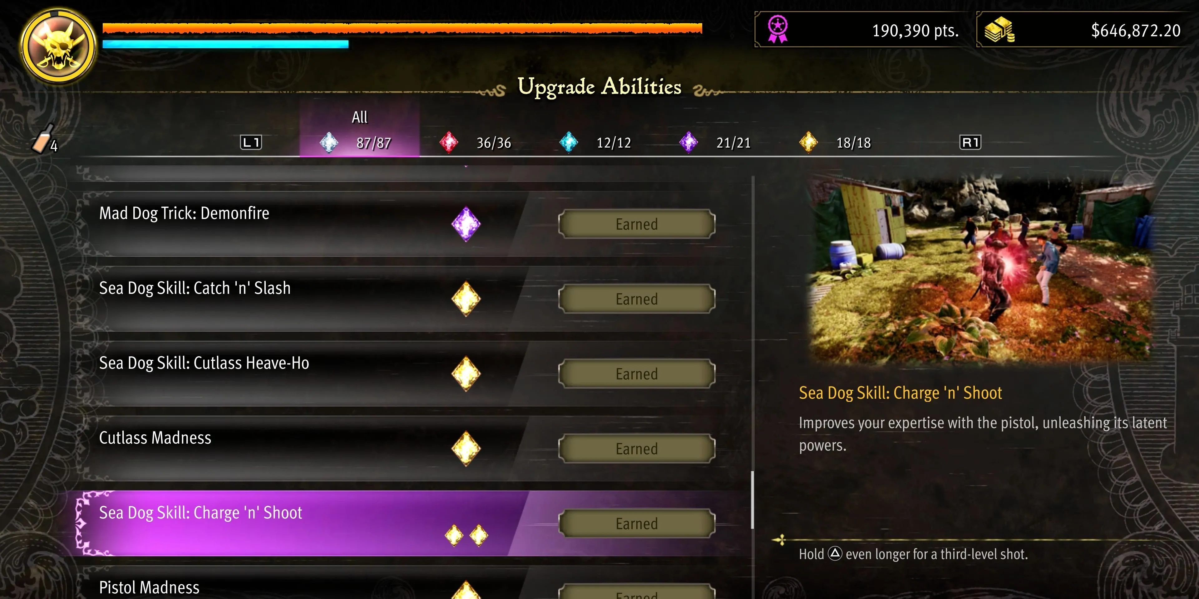 Kỹ năng Charge 'n' Shoot tăng sức mạnh cho đòn bắn tụ lực của Majima trong Pirate Yakuza