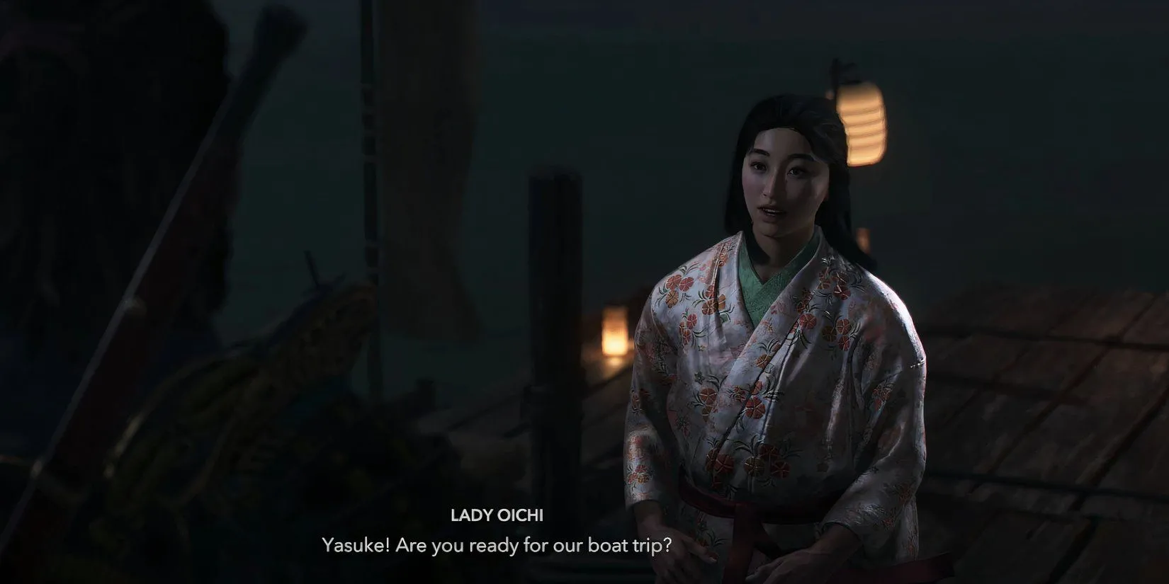 Lady Oichi chờ Yasuke tại bến tàu Đền Isakiji trong nhiệm vụ &quot;A Prayer for Omi&quot;