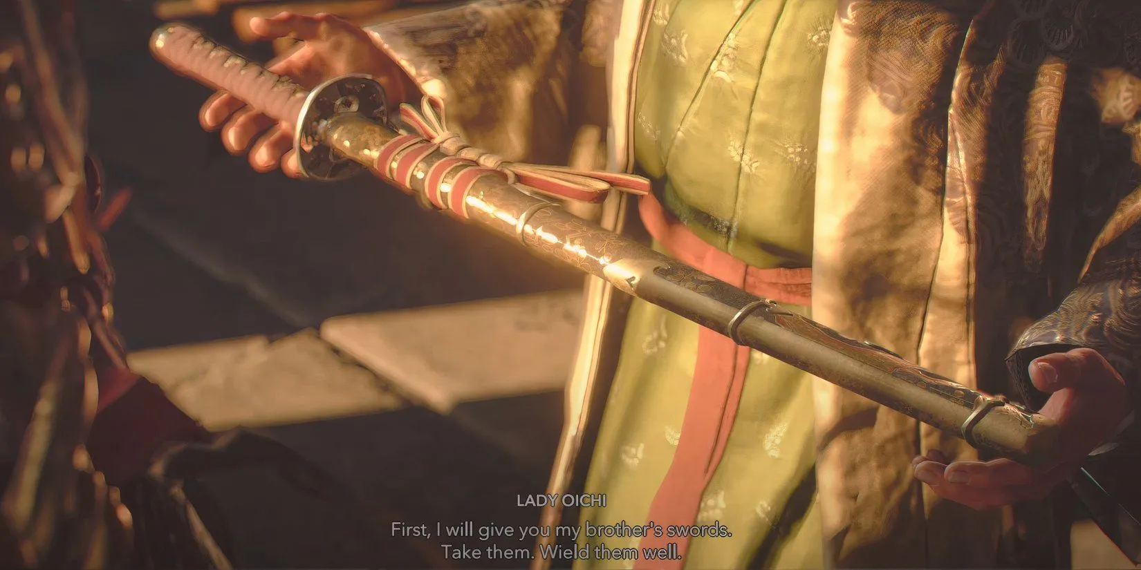 Lady Oichi trao cho Yasuke thanh kiếm Myth Slayer, vũ khí của Nobunaga