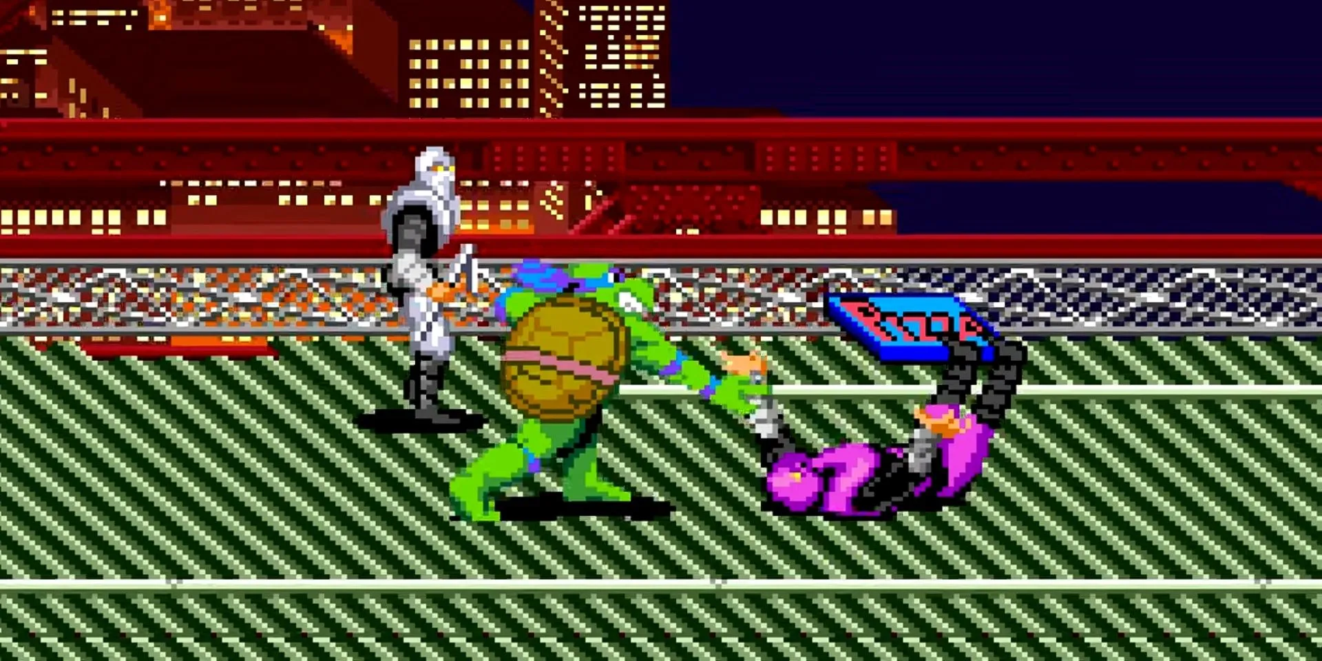 Leonardo ném một lính Foot Clan trong Teenage Mutant Ninja Turtles: Turtles in Time