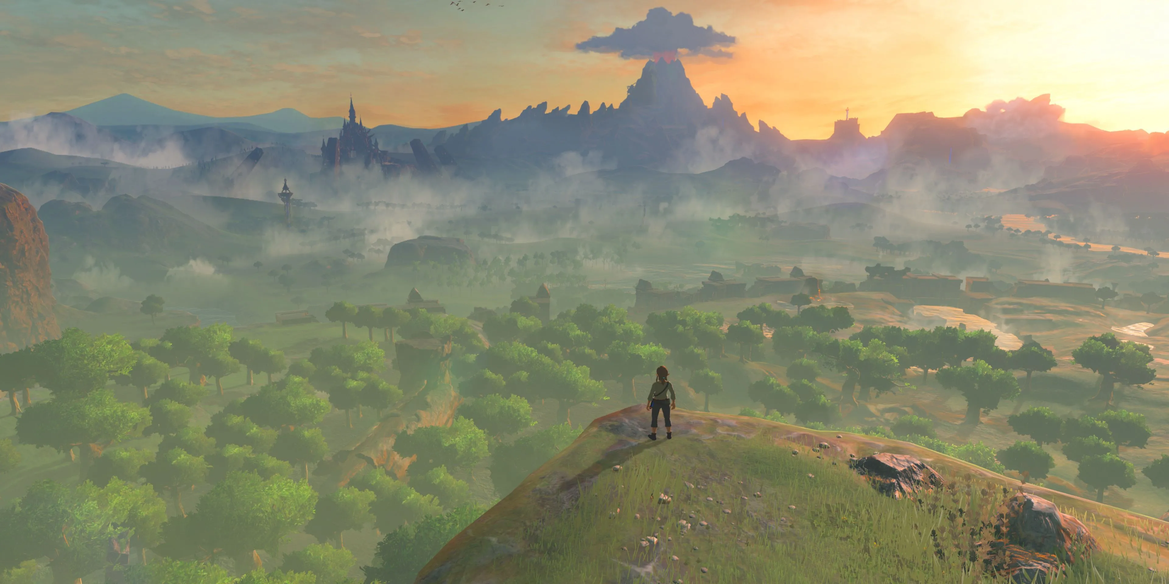 Link nhìn ra khung cảnh rộng lớn của Hyrule trong The Legend of Zelda: Breath of the Wild, với Lâu đài Hyrule ở phía xa.