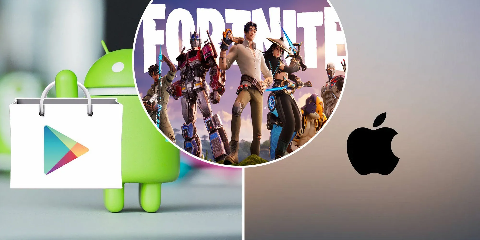 Logo Fortnite trên nền biểu tượng App Store và Google Play, minh họa vụ kiện Epic Games kiện Apple và Google về nền tảng di động