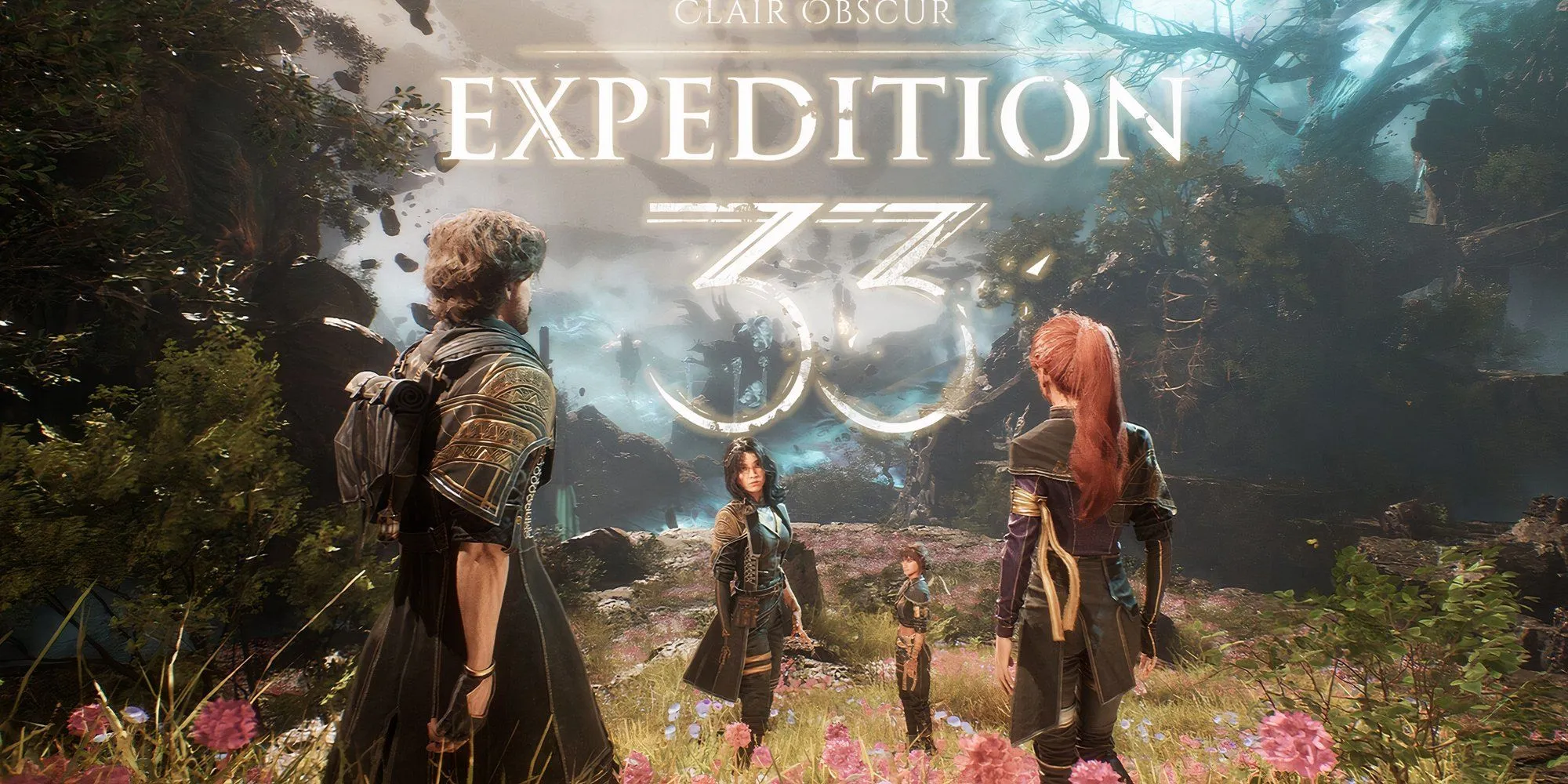 Logo game Clair Obscur Expedition 33 nổi bật cùng hình ảnh nhóm nhân vật chính trong game
