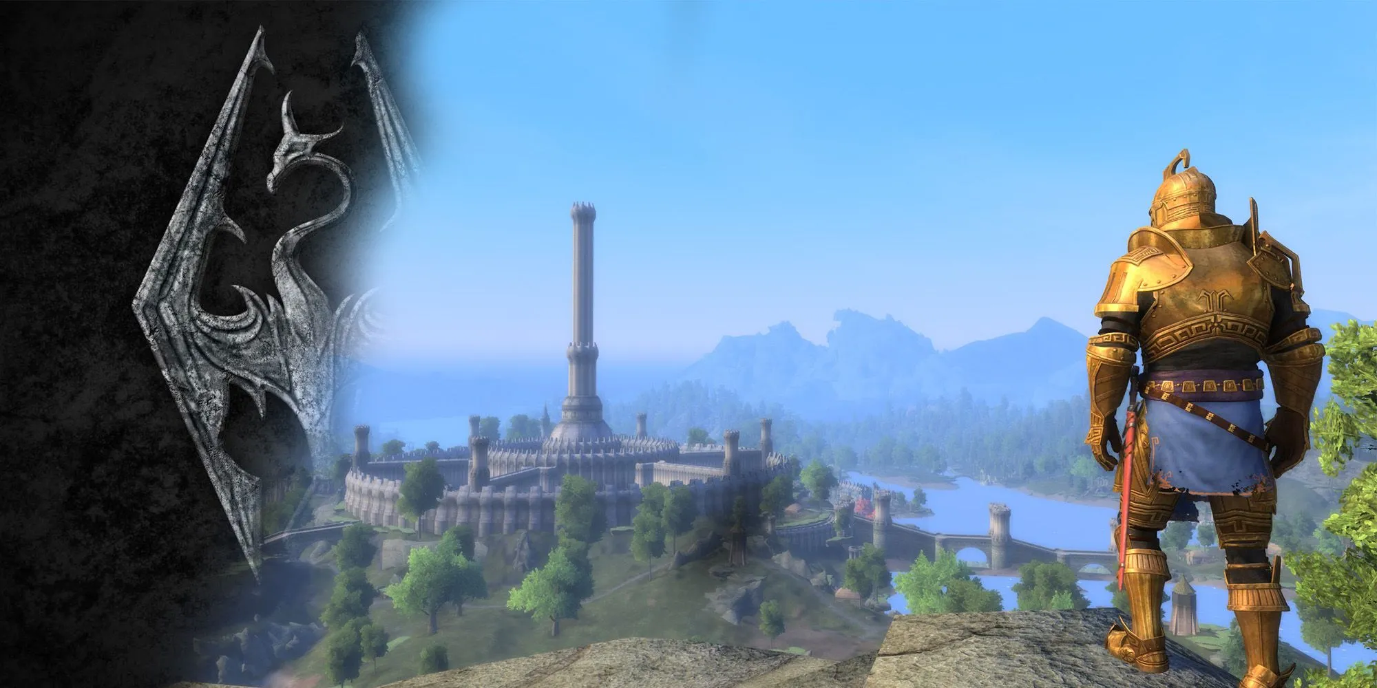 Logo Skyrim chuyển dần sang hình ảnh nhân vật Skyblivion nhìn ra thành phố, biểu tượng cho sự kết hợp giữa hai game The Elder Scrolls.