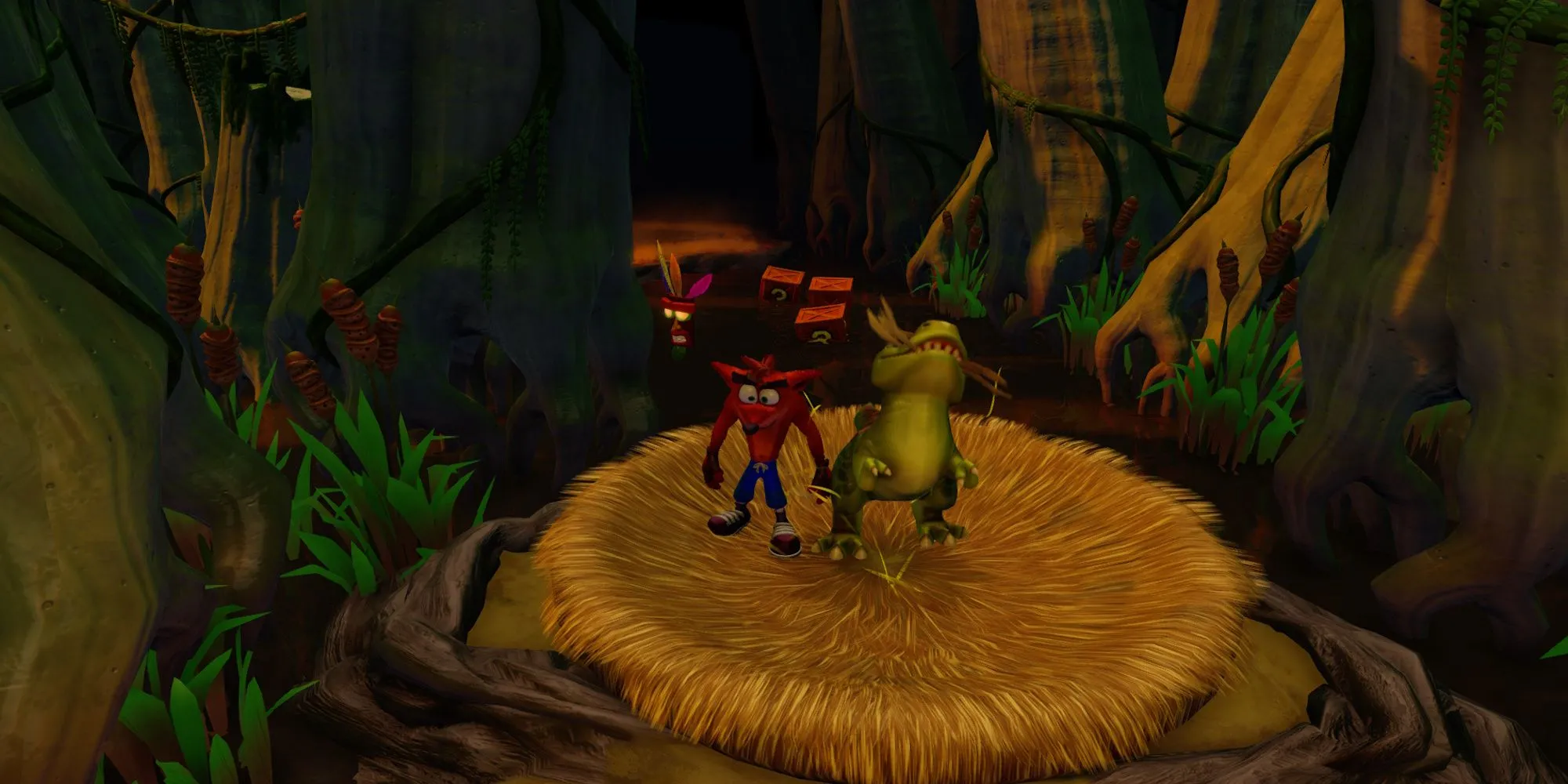 Màn chơi Dino Might trong Crash Bandicoot 3 Warped với Crash cưỡi khủng long con vượt qua đầm lầy tiền sử