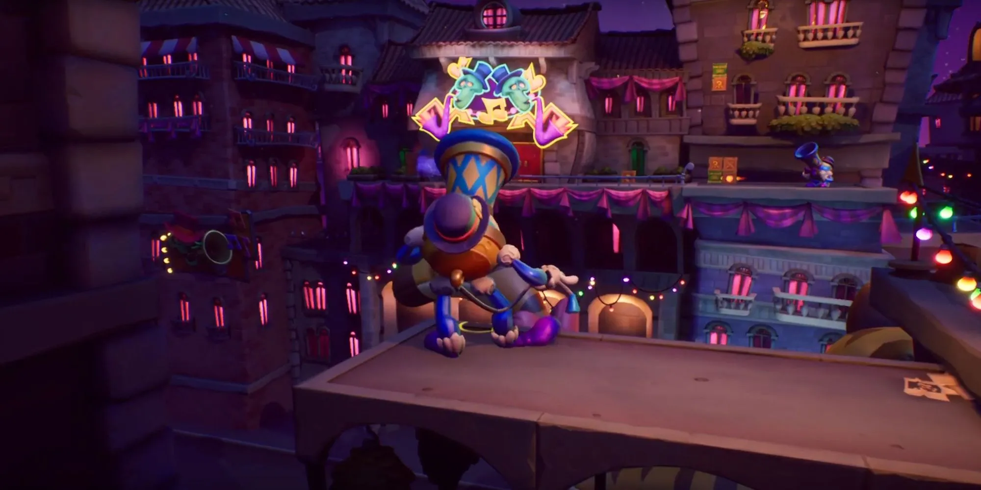 Màn chơi Off Beat trong Crash Bandicoot 4 với khung cảnh lễ hội đầy màu sắc và các yếu tố nhịp điệu