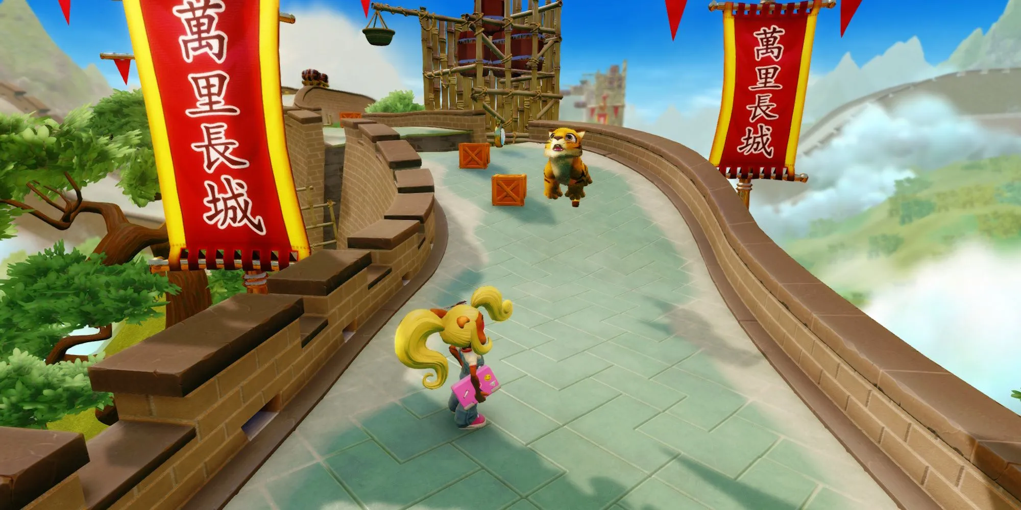 Màn chơi Orient Express trong Crash Bandicoot 3 Warped với Coco cưỡi hổ Pura trên Vạn Lý Trường Thành