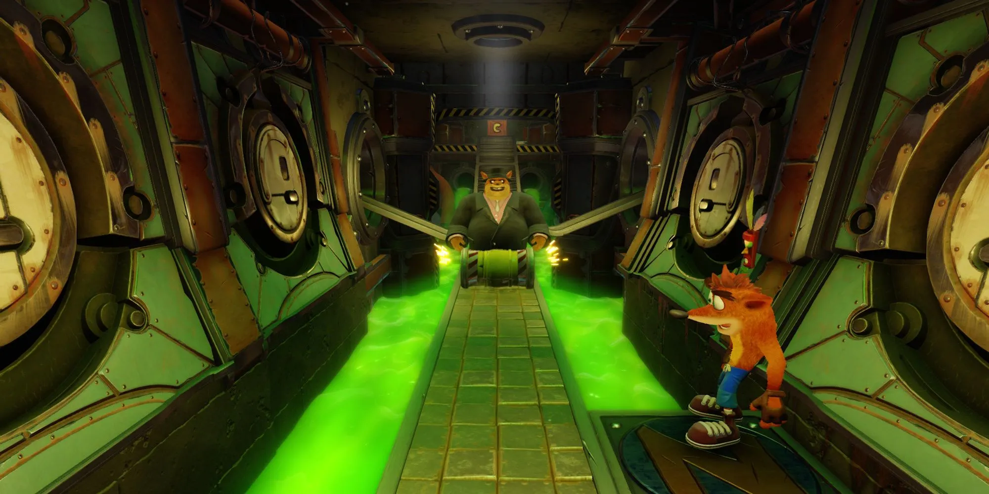 Màn chơi Toxic Waste trong Crash Bandicoot với những thùng chất thải lăn nguy hiểm