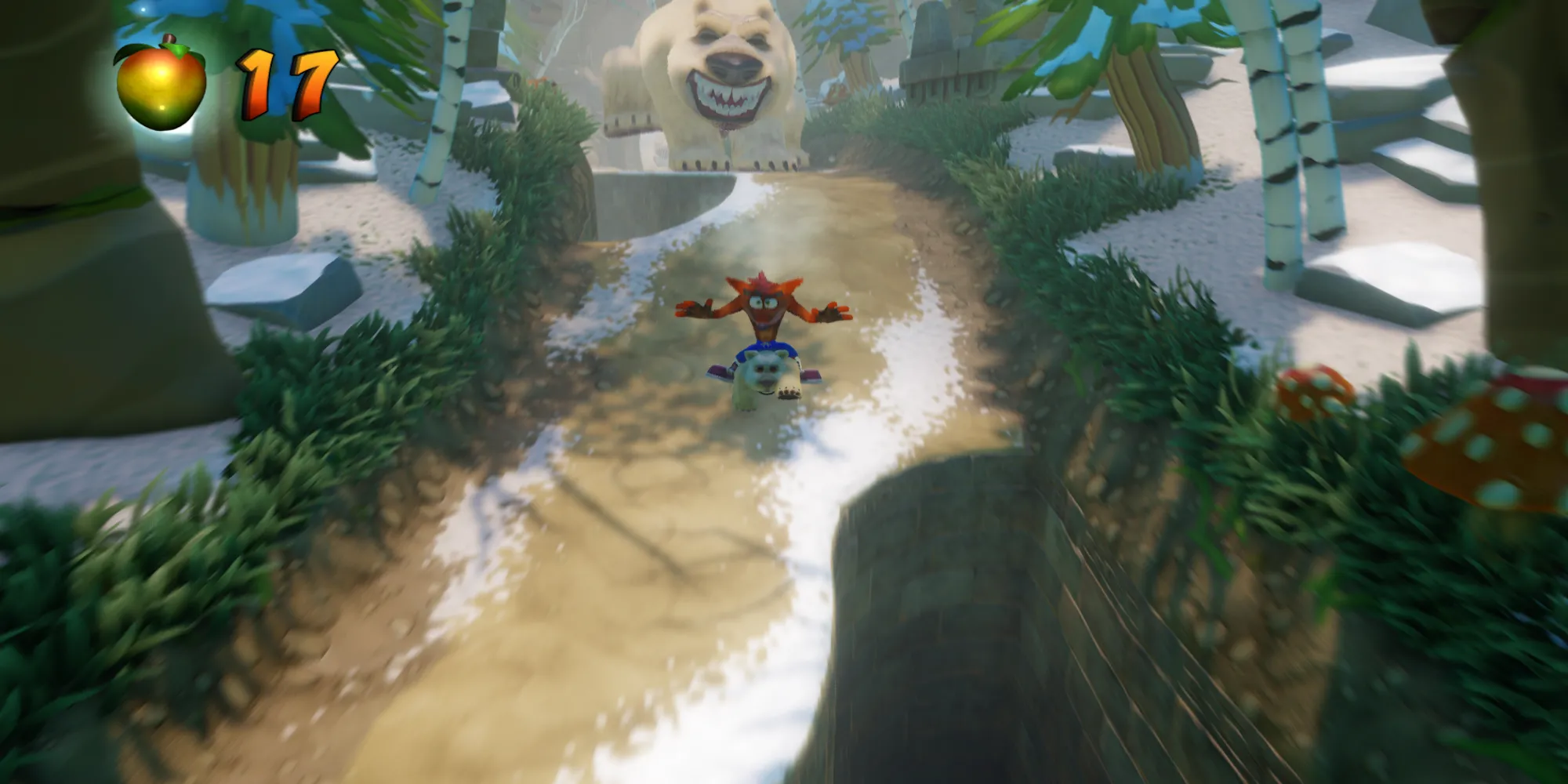 Màn chơi Unbearable trong Crash Bandicoot 2 với cảnh Crash bị gấu bắc cực khổng lồ rượt đuổi