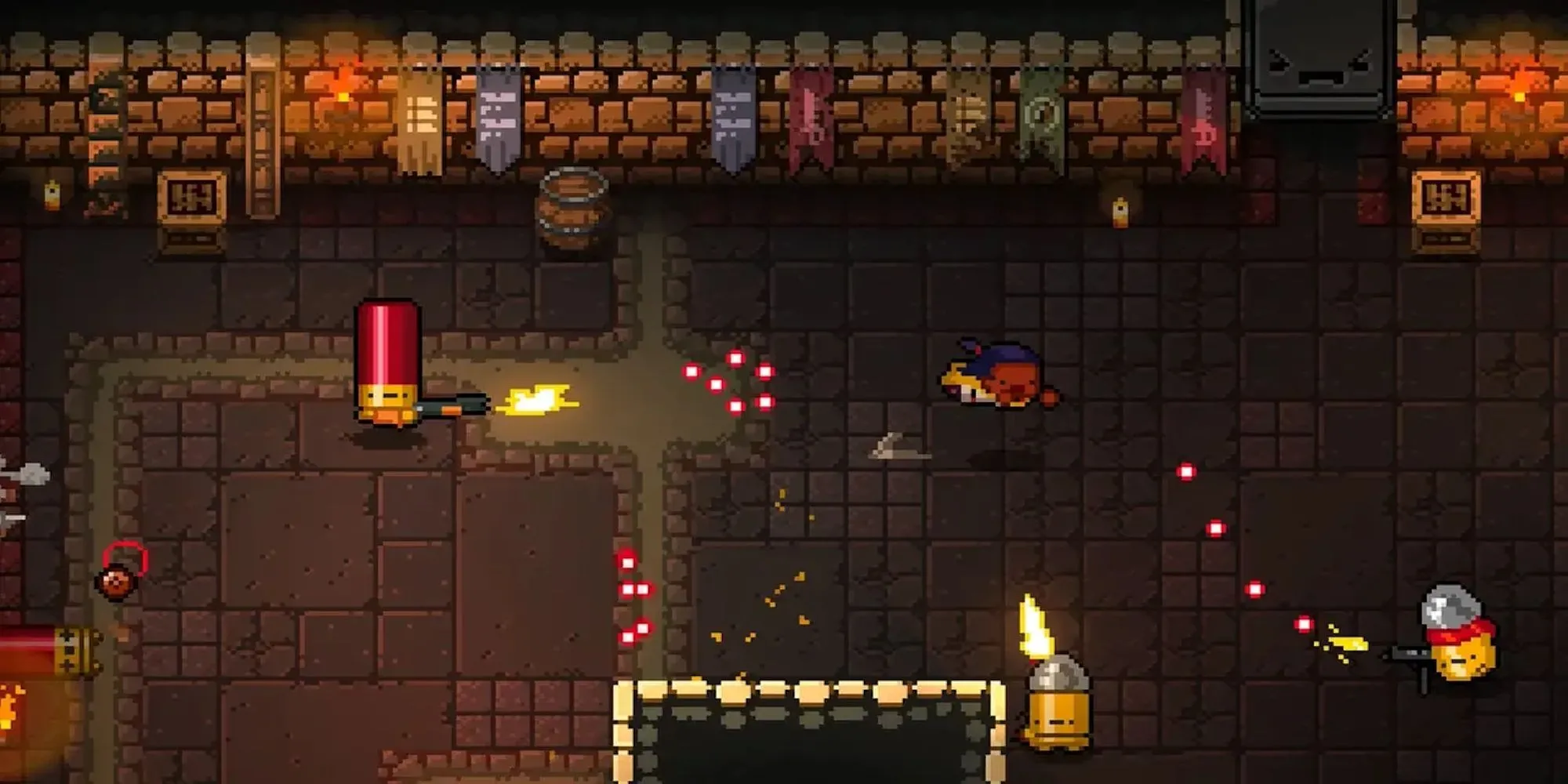 Màn hình chiến đấu trong Enter the Gungeon với nhân vật đang sử dụng súng và né đạn