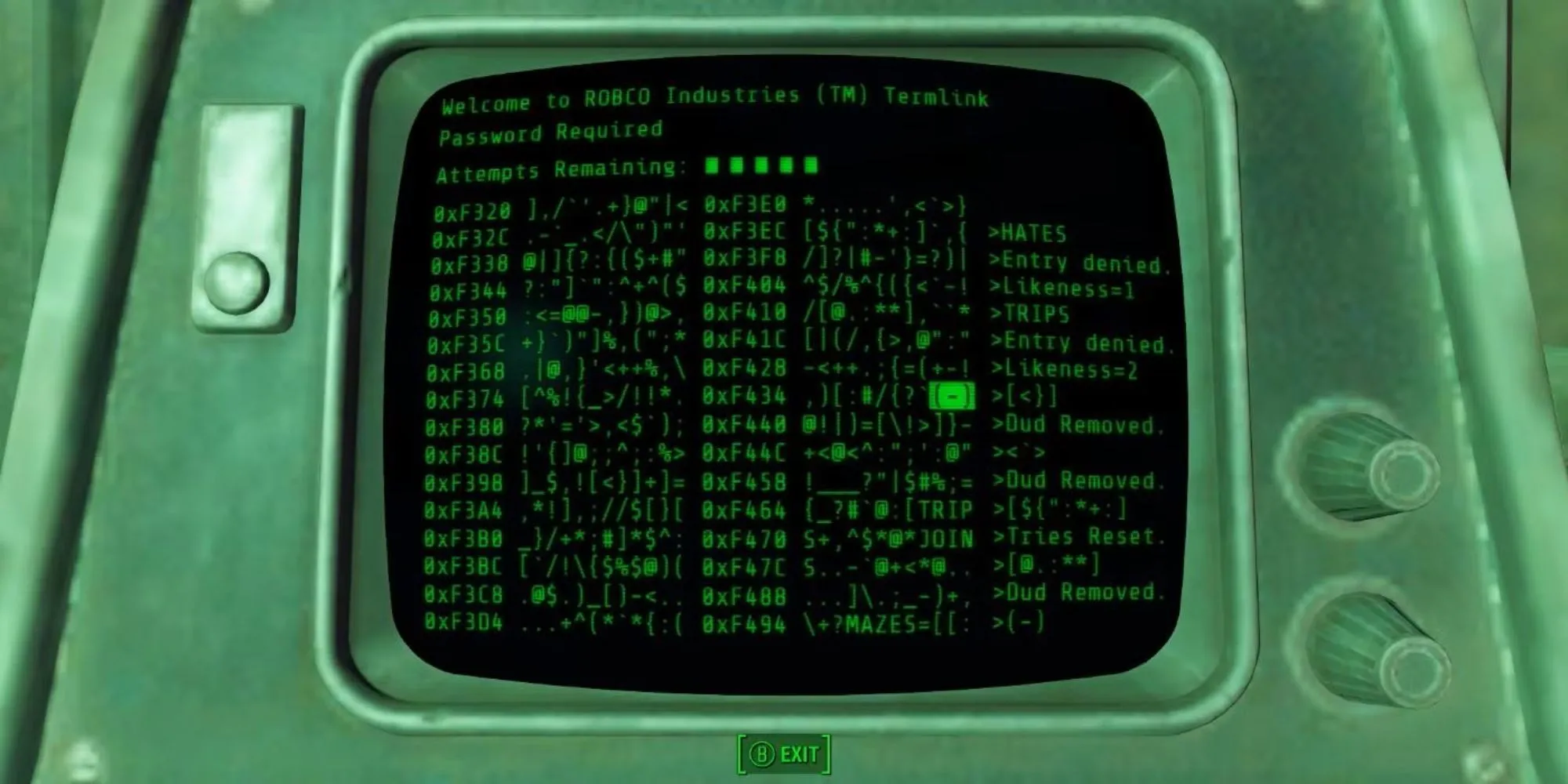 Màn hình terminal trong Fallout 4 hiển thị các dòng mã phức tạp và những từ khóa tiềm năng mà người chơi phải lựa chọn chính xác để hack thành công.