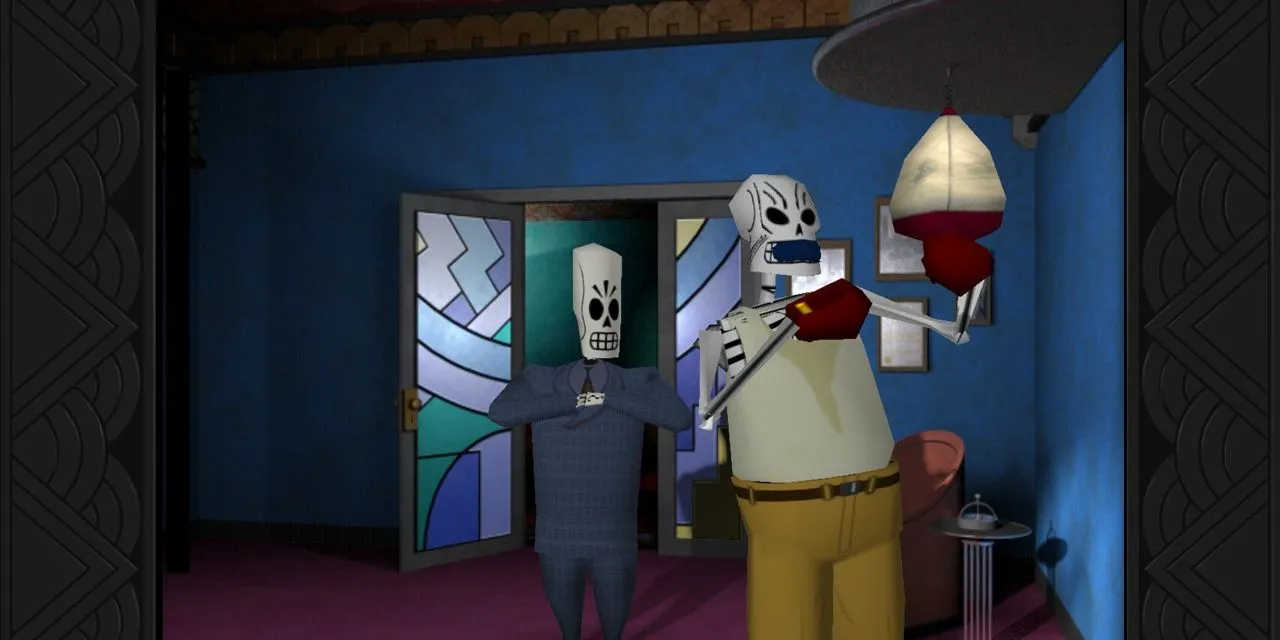 Manny Calavera tại văn phòng của mình trong Grim Fandango Remastered, một tựa game phiêu lưu kinh điển