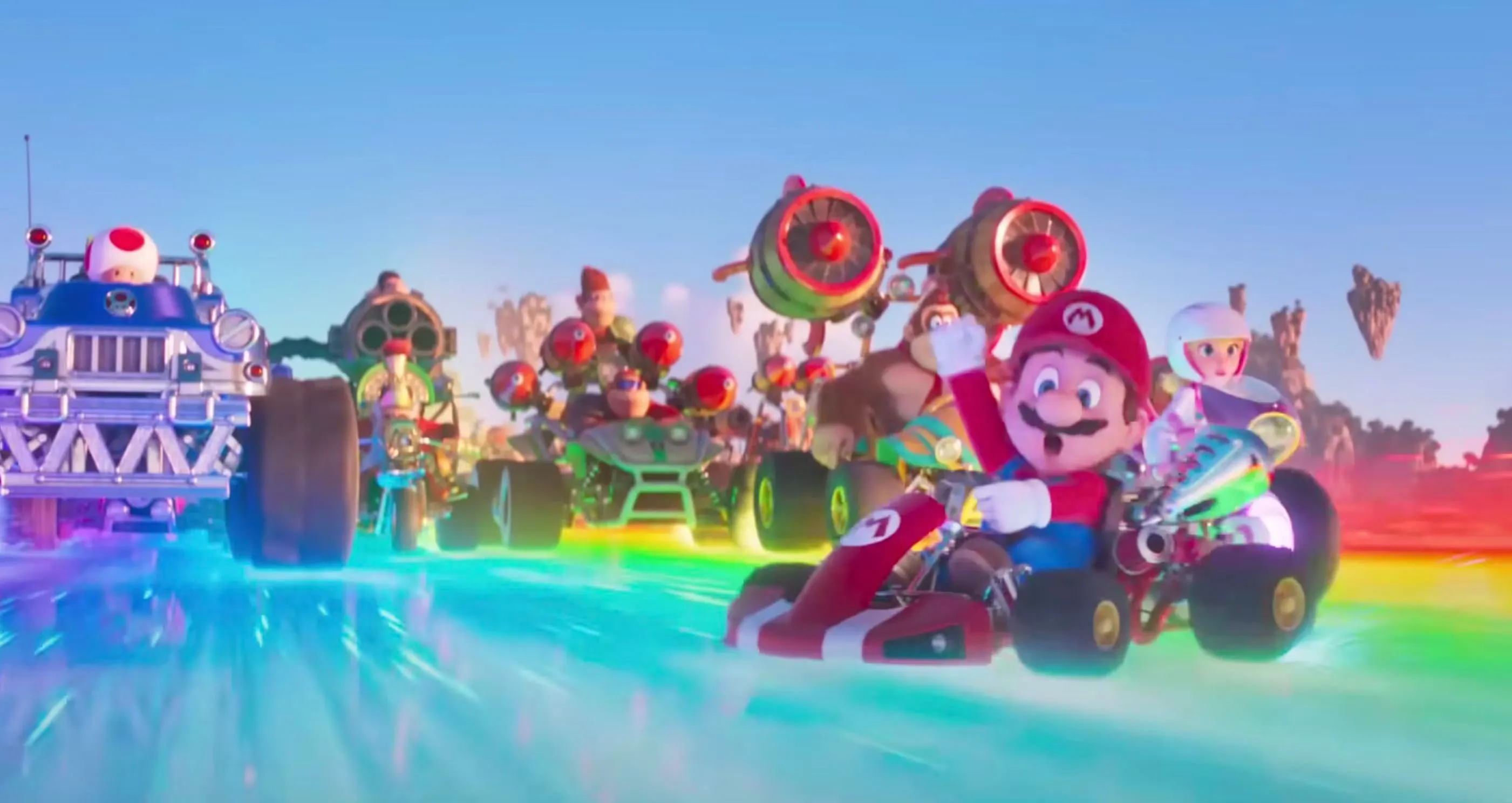 Mario lái xe kart trong bối cảnh phim Super Mario