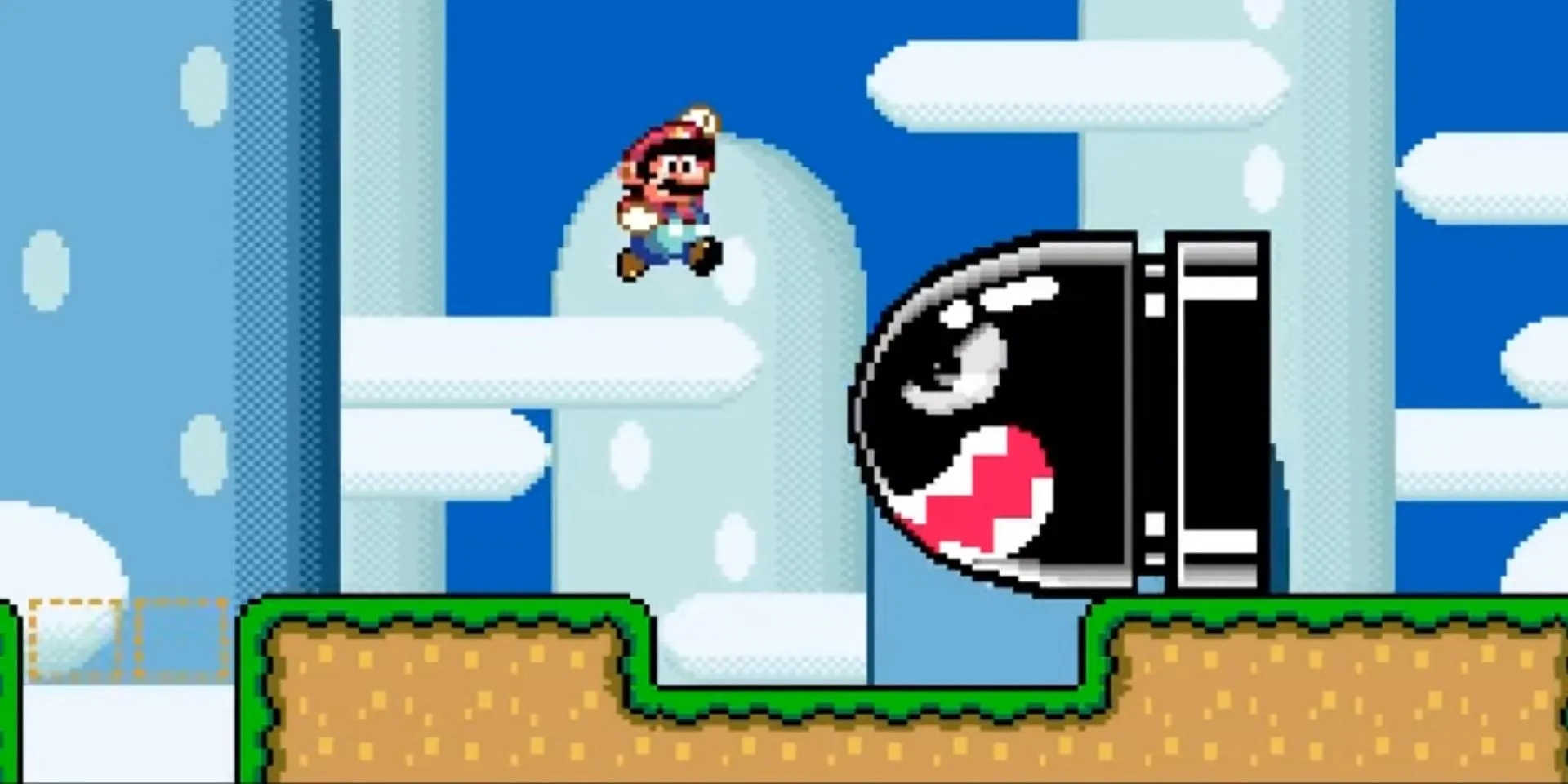 Mario nhảy qua một quả Banzai Bill trong Super Mario World