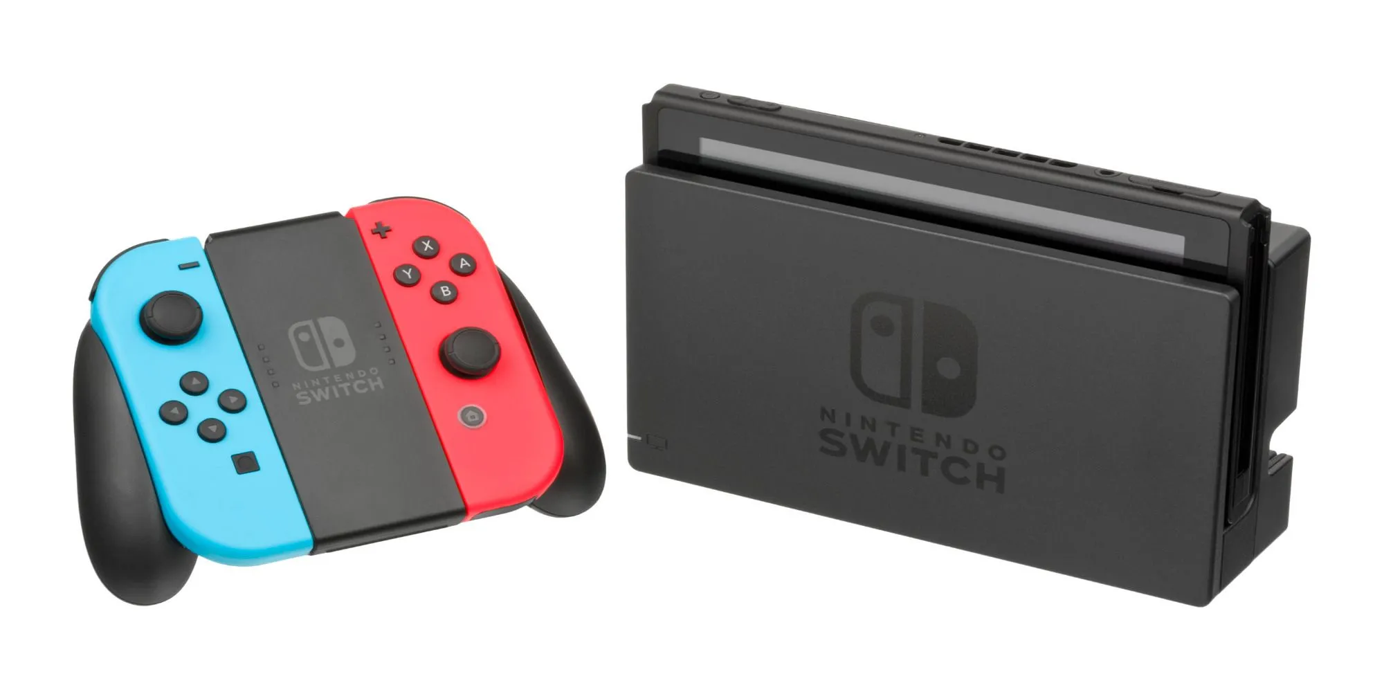 Máy chơi game Nintendo Switch với Joy-Con màu đỏ và xanh đặt trên dock sạc