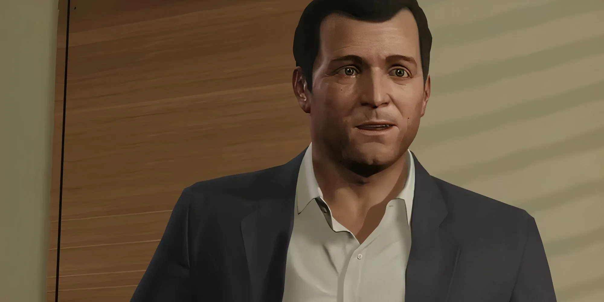 Michael De Santa từ GTA V đứng trầm ngâm dựa vào tường, thể hiện sự phức tạp của nhân vật