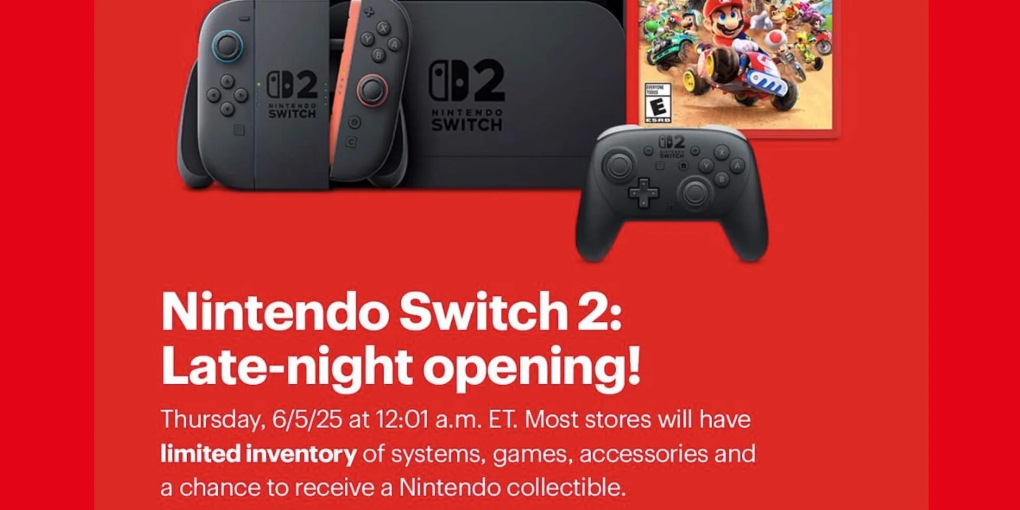 Mô tả ảnh cửa hàng Best Buy thông báo có hàng Nintendo Switch 2 vào nửa đêm ngày 5 tháng 6