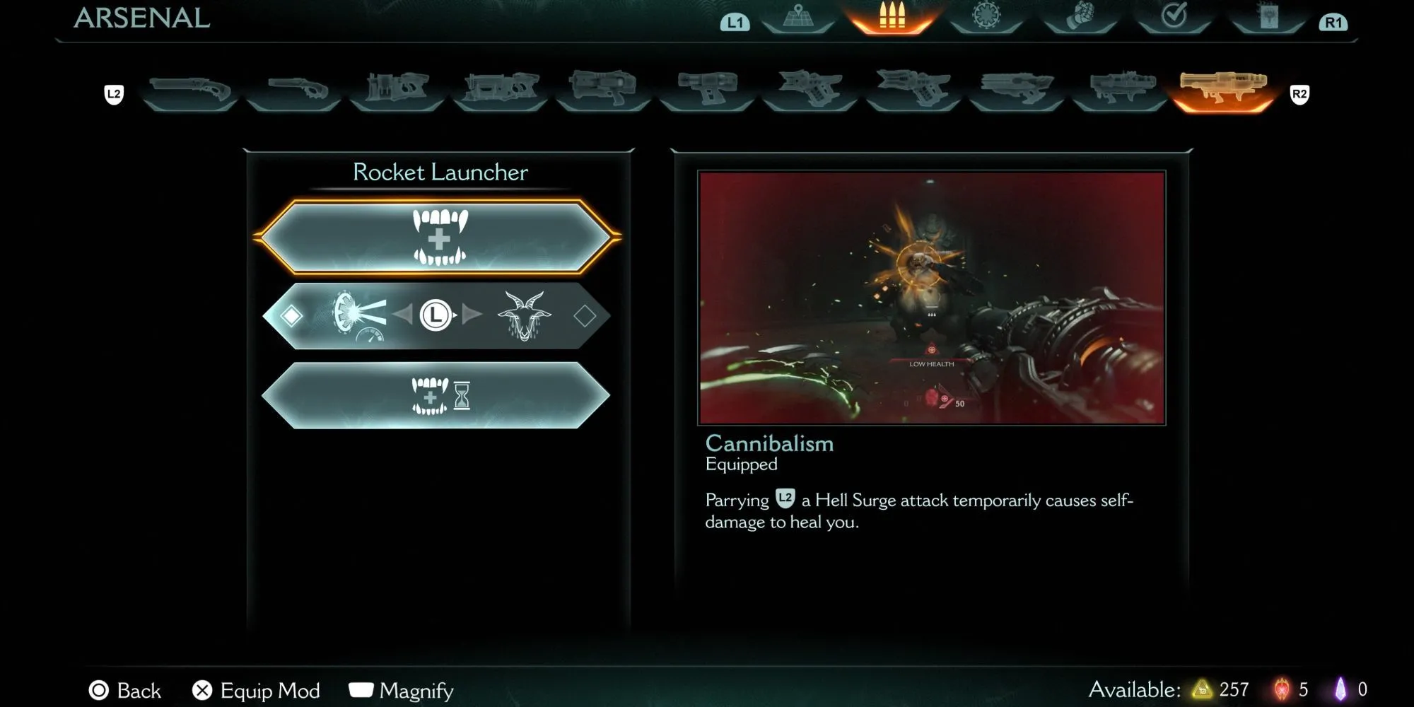 Mô tả nâng cấp Cannibalism cho Rocket Launcher trong DOOM The Dark Ages