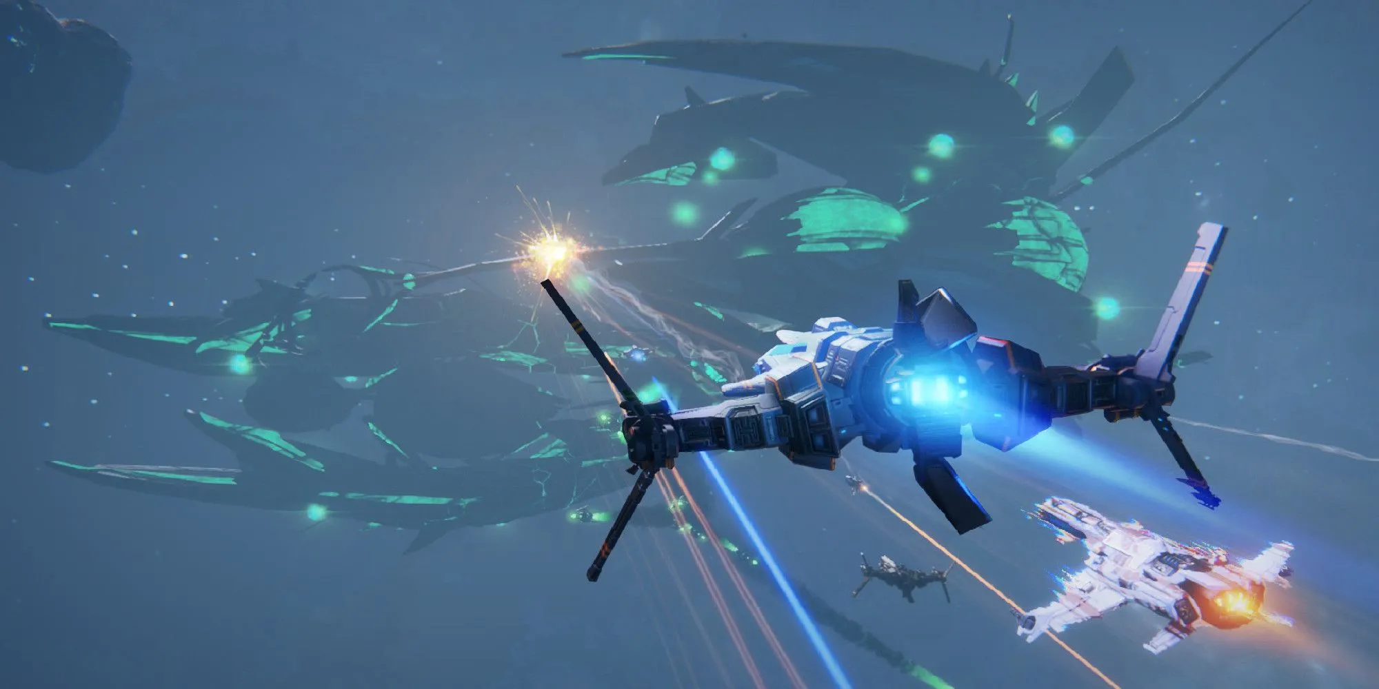 Một chiến hạm nhỏ trong Star Conflict đối đầu với Dreadnought khổng lồ