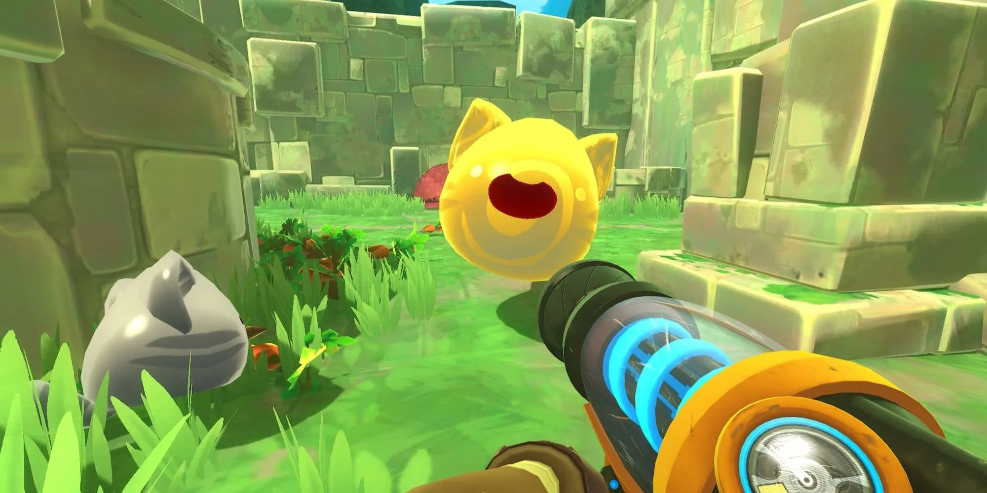 Một chú slime màu hồng vui vẻ đang nhảy trong game Slime Rancher