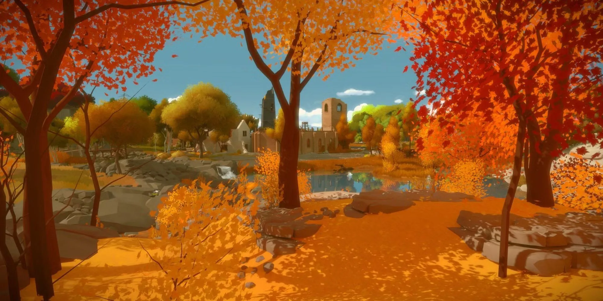 Một góc nhìn toàn cảnh hòn đảo đầy màu sắc trong game giải đố The Witness
