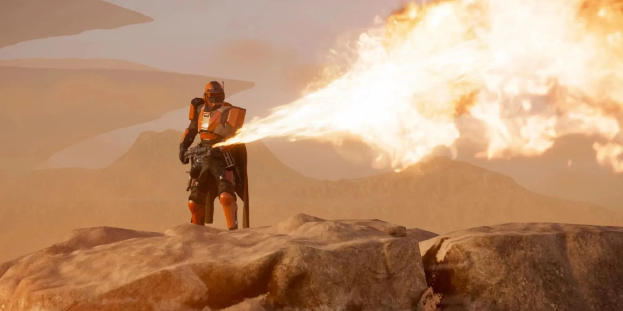 Một Helldiver đang sử dụng súng phun lửa chống lại kẻ thù của Super Earth trong Helldivers 2