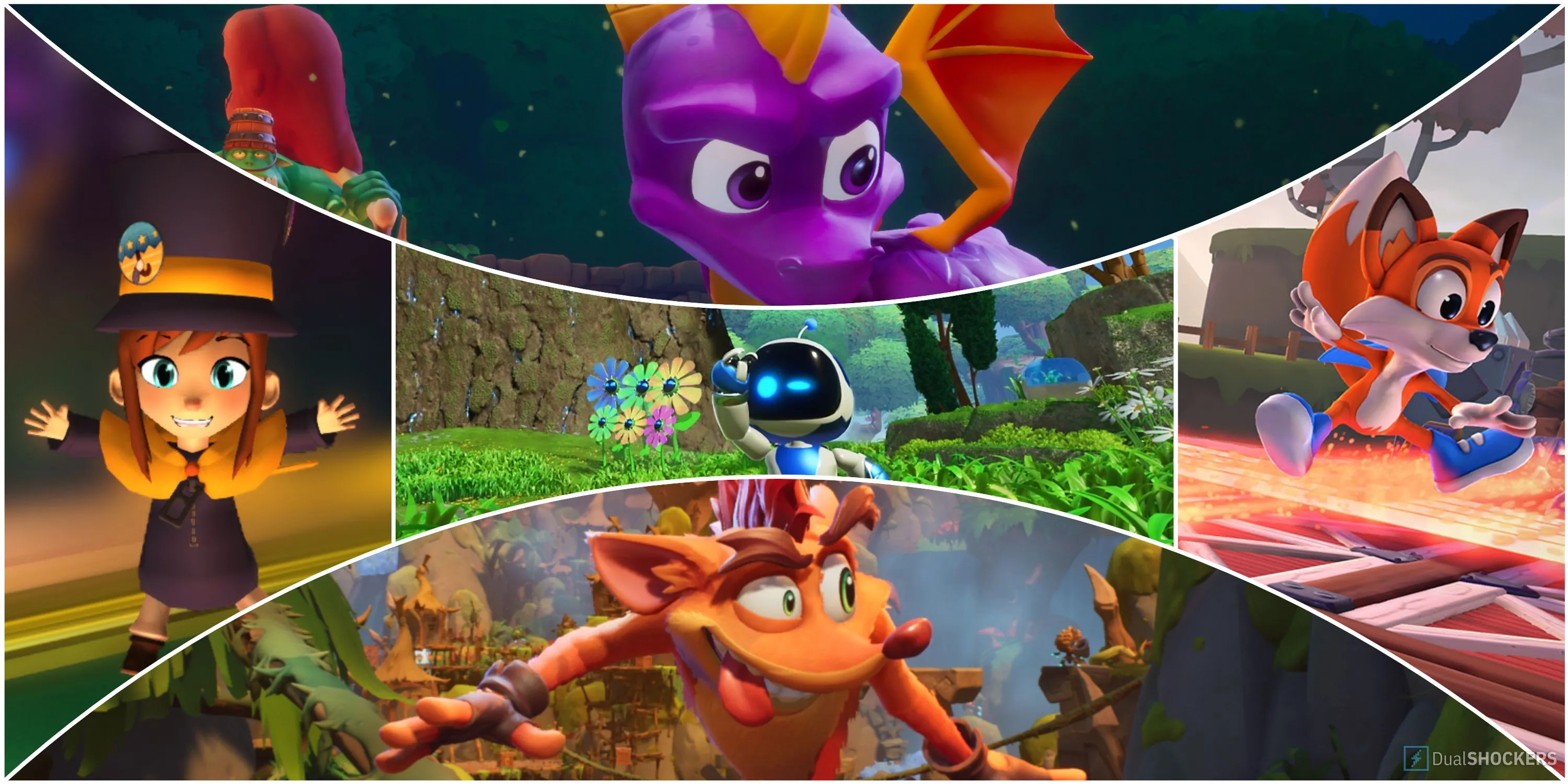 Một hình ảnh so sánh Astro Bot với các tựa game platformer nổi tiếng khác như Spyro Reignited Trilogy, Crash Bandicoot 4, A Hat in Time và New Super Lucky's Tale