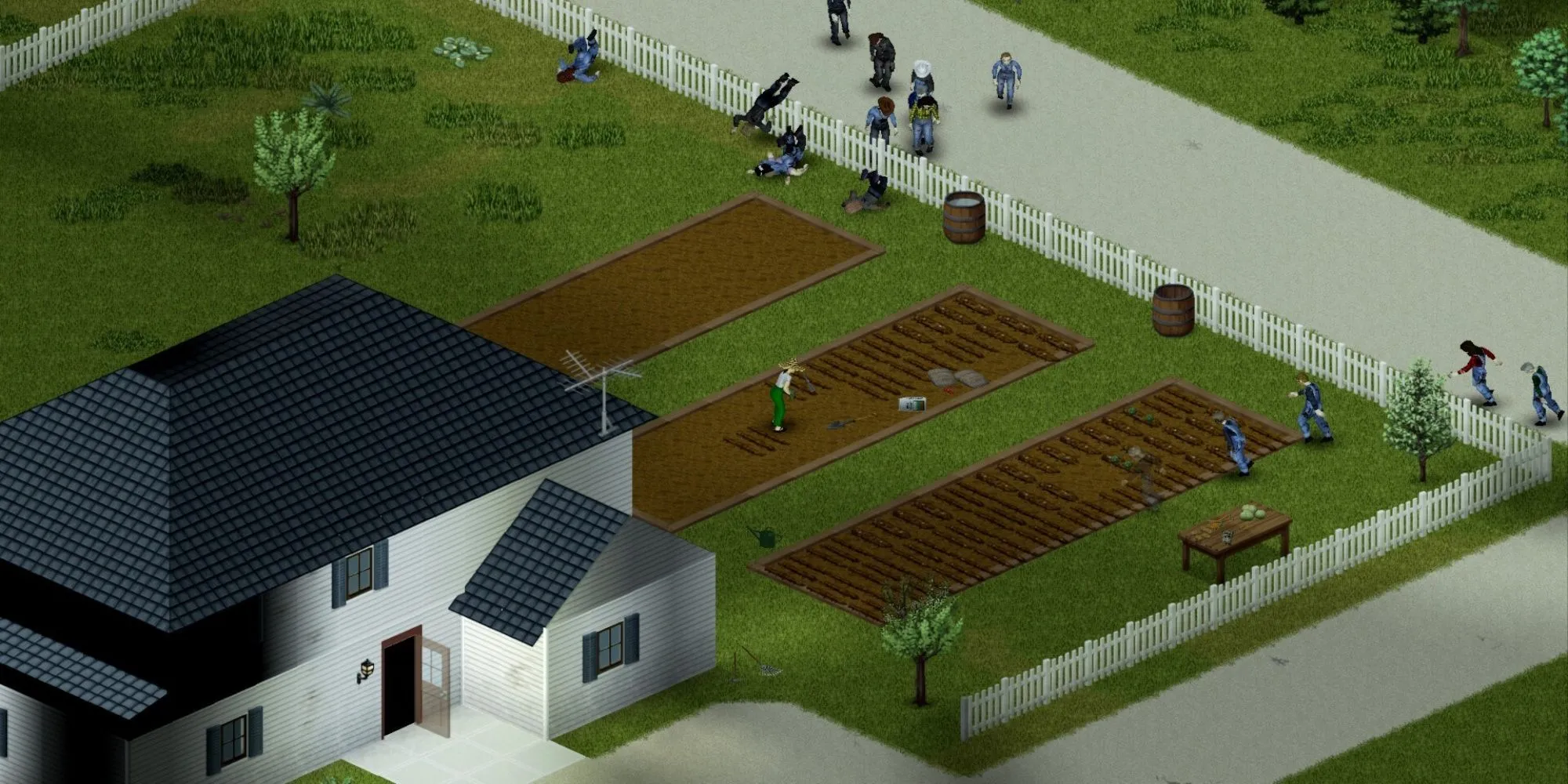 Một nhân vật trong Project Zomboid đang xem bản đồ giữa bối cảnh hậu tận thế đầy zombie