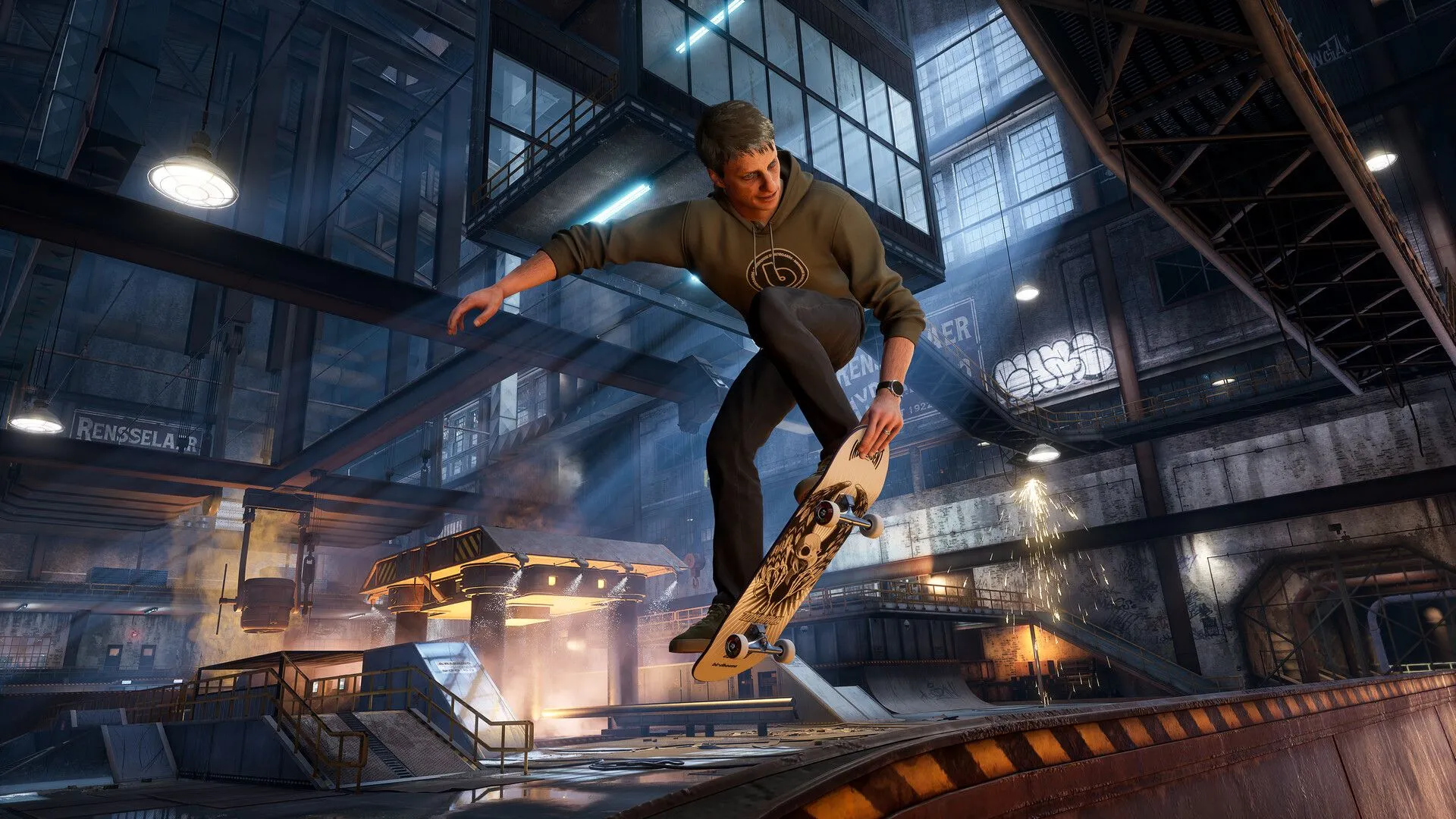 Một skater thực hiện cú grind trên đường ray trong Tony Hawk's Pro Skater 3+4
