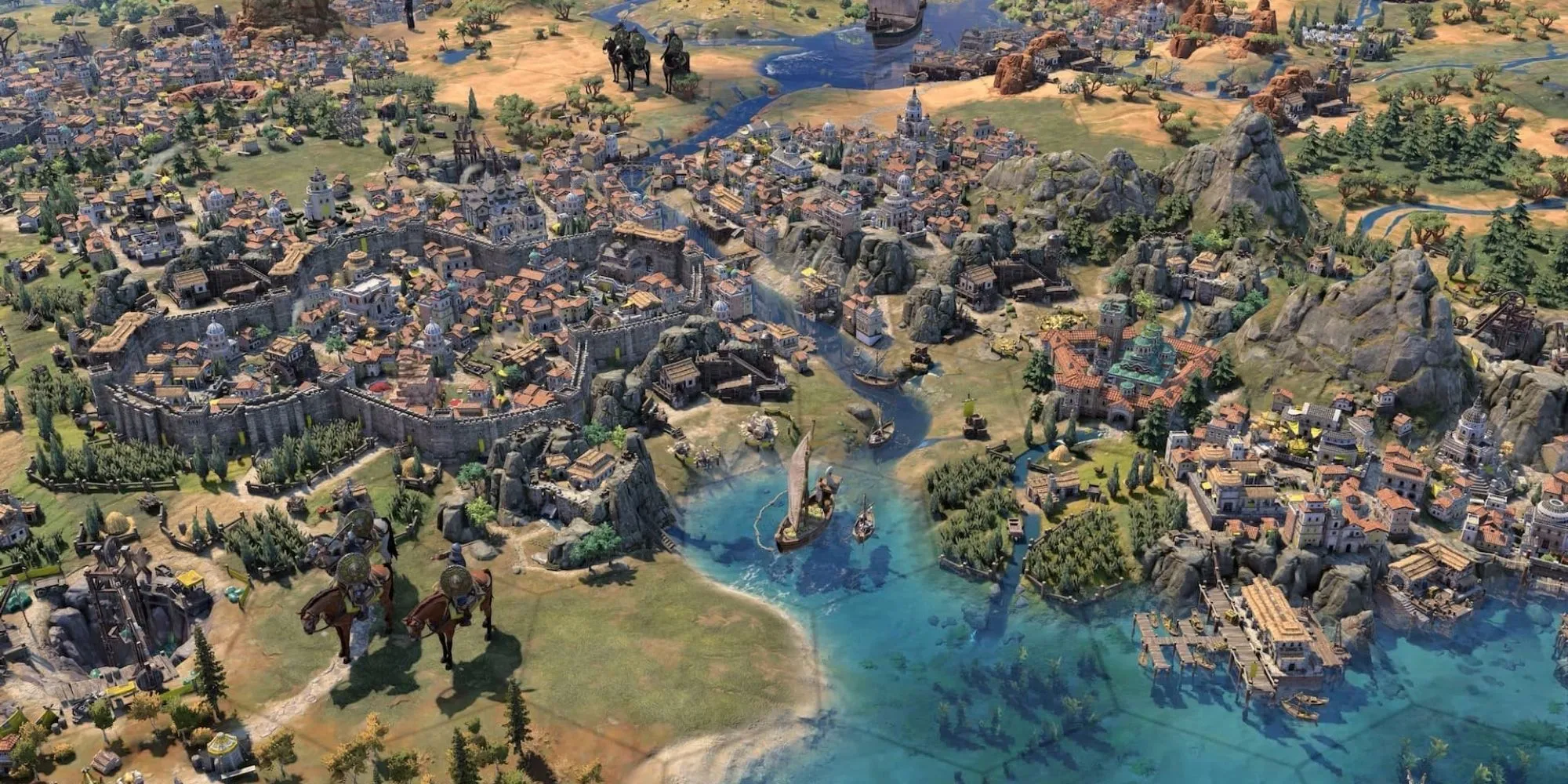 Một thành phố phát triển thịnh vượng trong Civilization 7 với nhiều công trình và quận