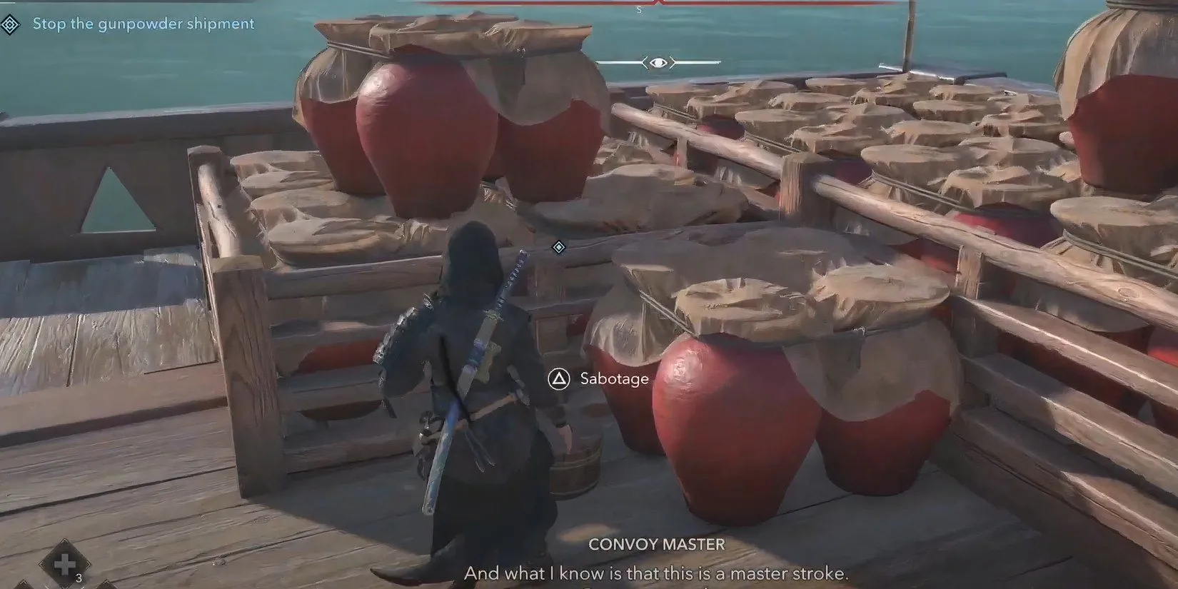 Naoe đặt bom Horokubiya để phá hủy tàu thuốc súng trong Assassin's Creed Shadows